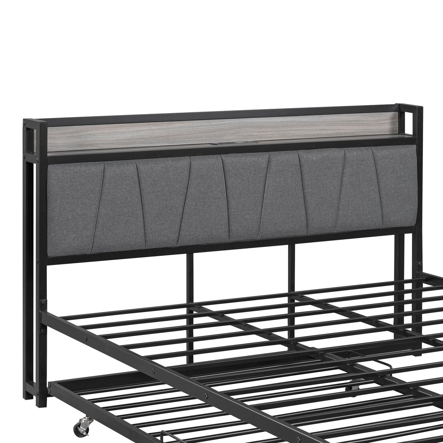 Queen Size Metal Platform Bed Frame with Twin Size Trundle, Queen Size Bed Frame with Upholstered Headboard, USB Ports, Steel Slat Support, Queen Bed Frame No Box Spring Needed for Bedroom, Black