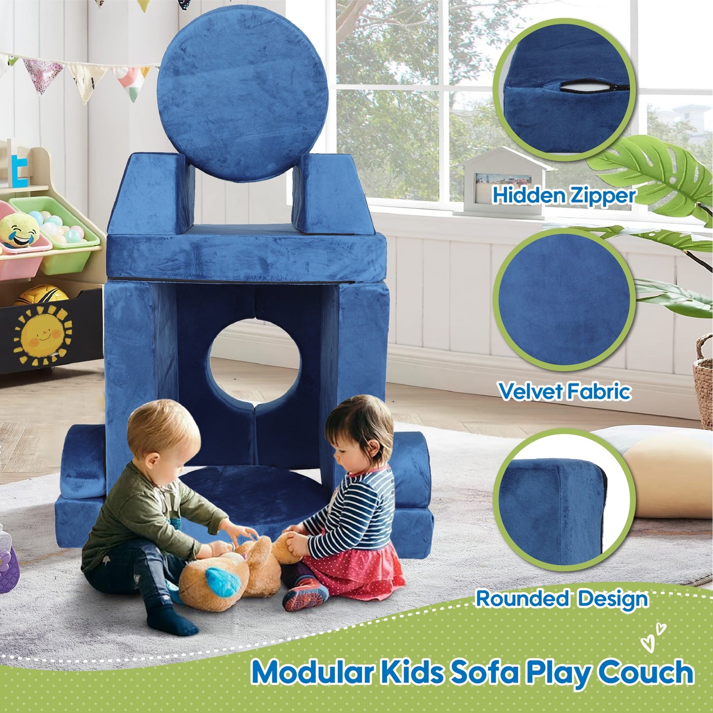iRerts 14Pcs Modular Kids Play Couch, Convertible Nugget Couch for Kids Boys Girls, Kids Sofa Couch Floor Sofa for Children, Kids Couch Building Fort Foam Couch for Playroom Bedroom Nursery, Blue