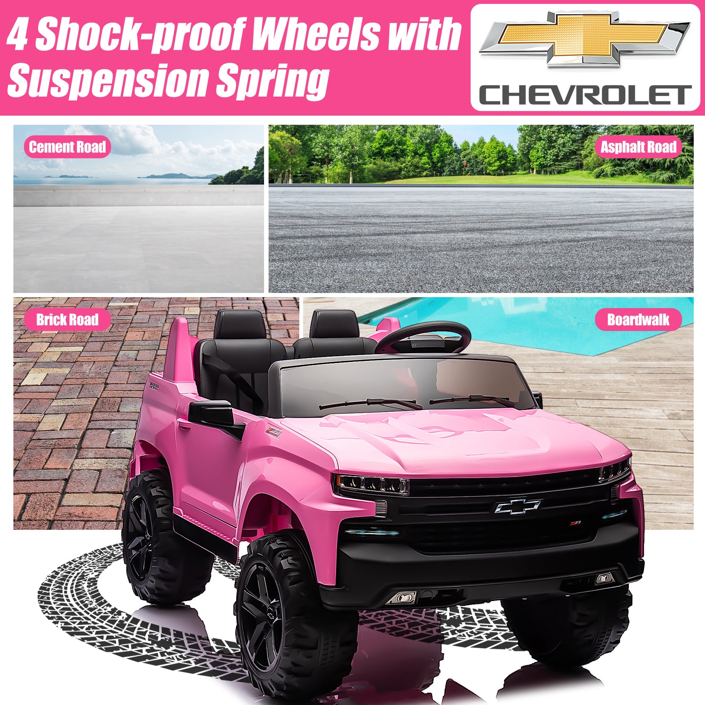 2 Seater 24V Ride on Cars with Remote Control, Licensed Chevrolet Silverado Kids Ride on Truck for Boys Girls Birthday Christmas Gifts, Battery Powered Kids Electric Cars with LED Lights, Music, Pink