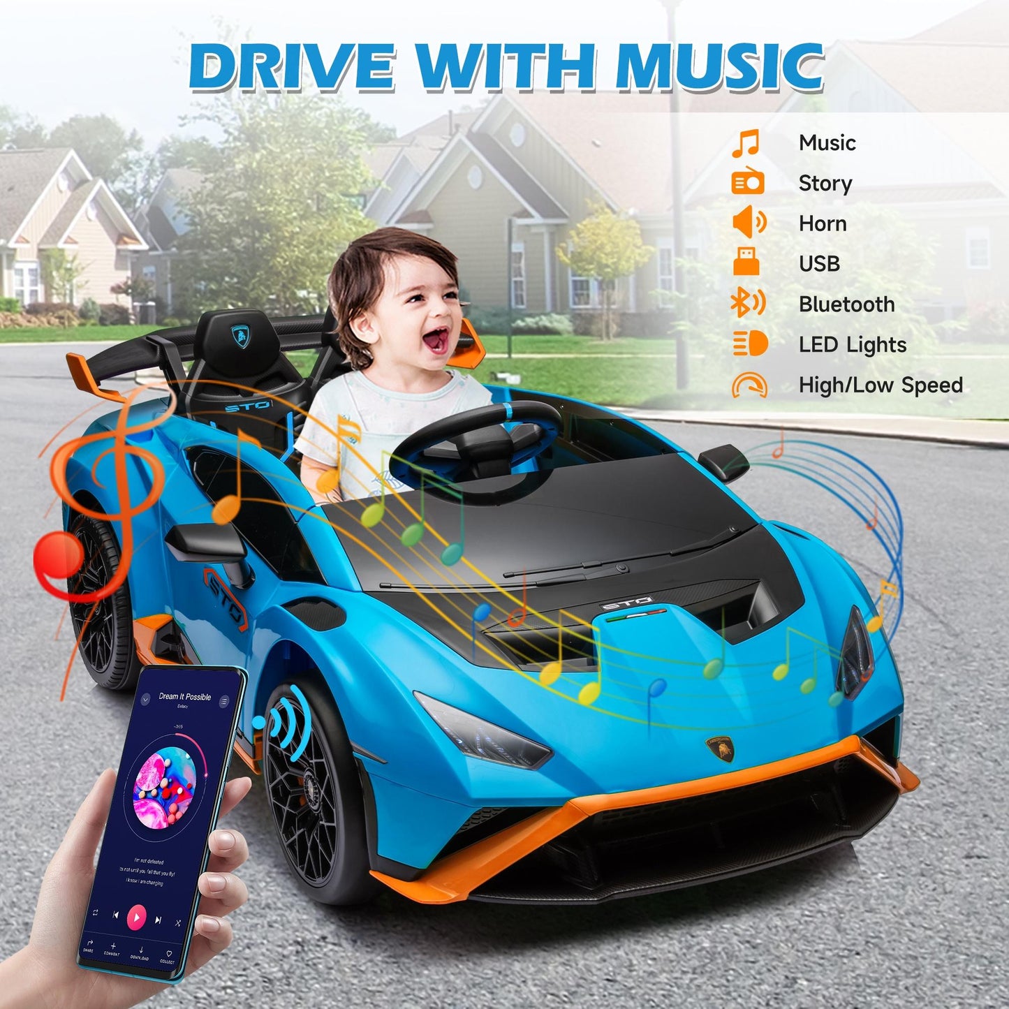 iRerts Blue 24V Lamborghini Ride on Cars with Remote Control, Battery Powered Kids Ride on Toys for Boys Girls 3-8 Ages, 4 Wheels Electric Cars for Kids with Bluetooth/Music/USB Port/LED Lights