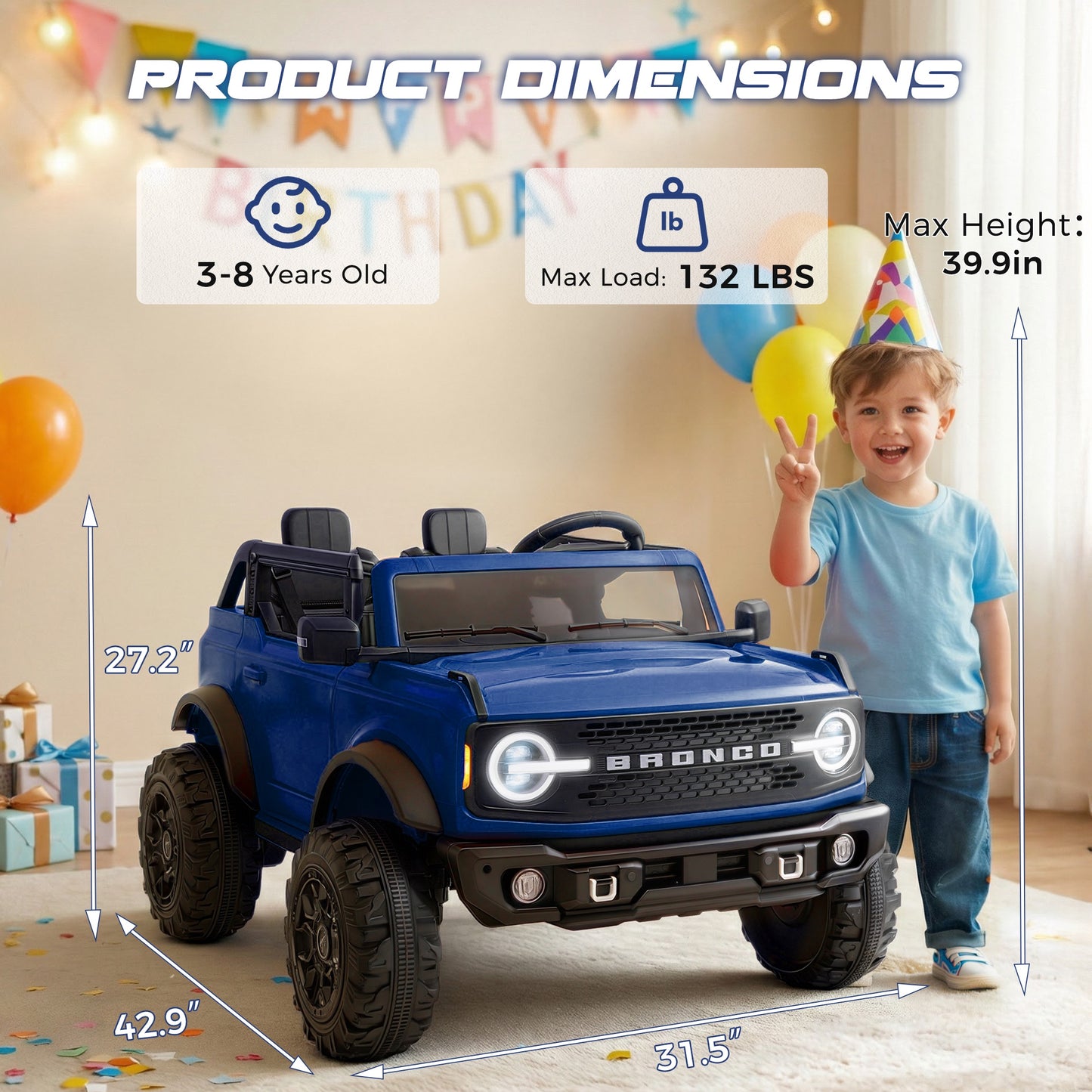 iRerts 2 Seater Ride on Cars, Licensed Ford Bronco Base 24V Ride on Toys for Big Kids Ages 3-8, Powered Kids Car Electric Vehicle with Remote Control, Bluetooth, LED Lights, 4 Wheel Suspension, Blue