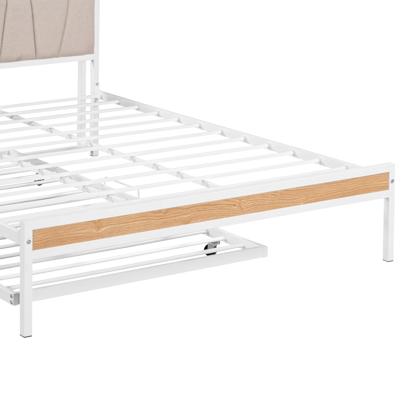 Queen Size Metal Platform Bed Frame with Twin Size Trundle, Queen Size Bed Frame with Upholstered Headboard, USB Ports, Steel Slat Support, Queen Bed Frame No Box Spring Needed for Bedroom, White