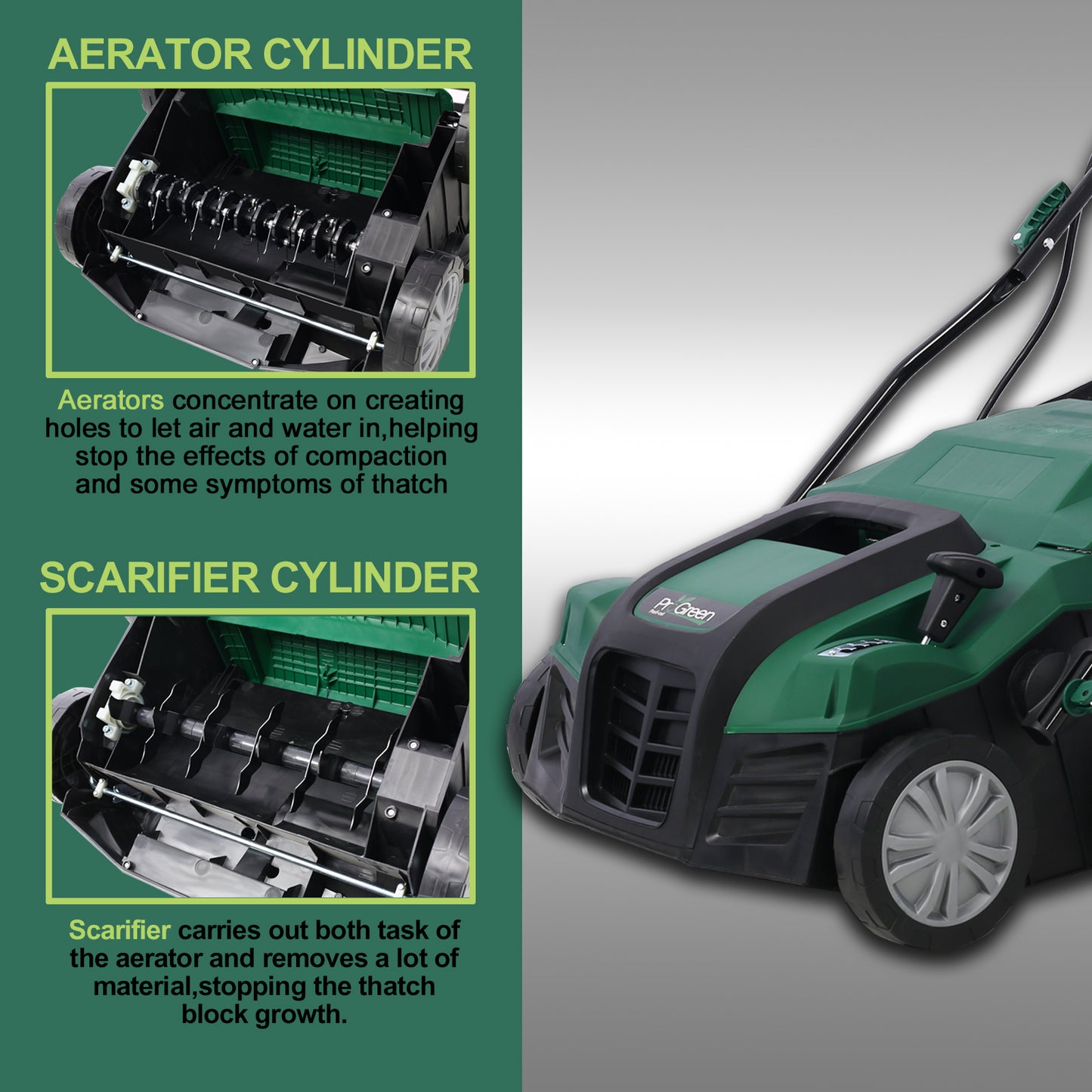 iRerts 2 in 1 Walk Behind Scarifier, 16 Inch Electric Corded Lawn Dethatcher Scarifier with 58QT Collection Bag, 4 Position Height Adjustment, 15 Amp Dethatcher and Scarifier for Garden Yard, Green