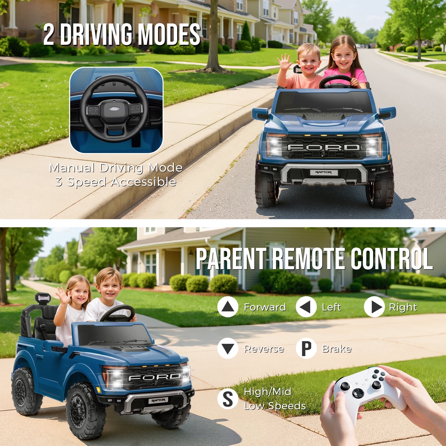 iRerts 24V Ride on Toys for Big Kids, Licensed Ford F 150 Raptor 2 Seater Ride on Cars with Remote Control, Bluetooth, FM Radio, LED Lights, 4 Wheels Suspension, Electric Car for Kids Ages 3-8, Blue