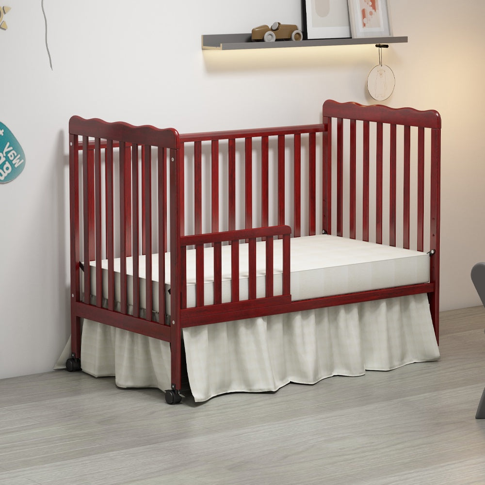 iRerts 3 In 1 Convertible Baby Crib, Wood Converts from Baby Crib to Toddler Bed and Daybed, Baby Bed with Locking Wheels, 4 Adjustable Mattress Heights, Non-Toxic Finish, Cherry