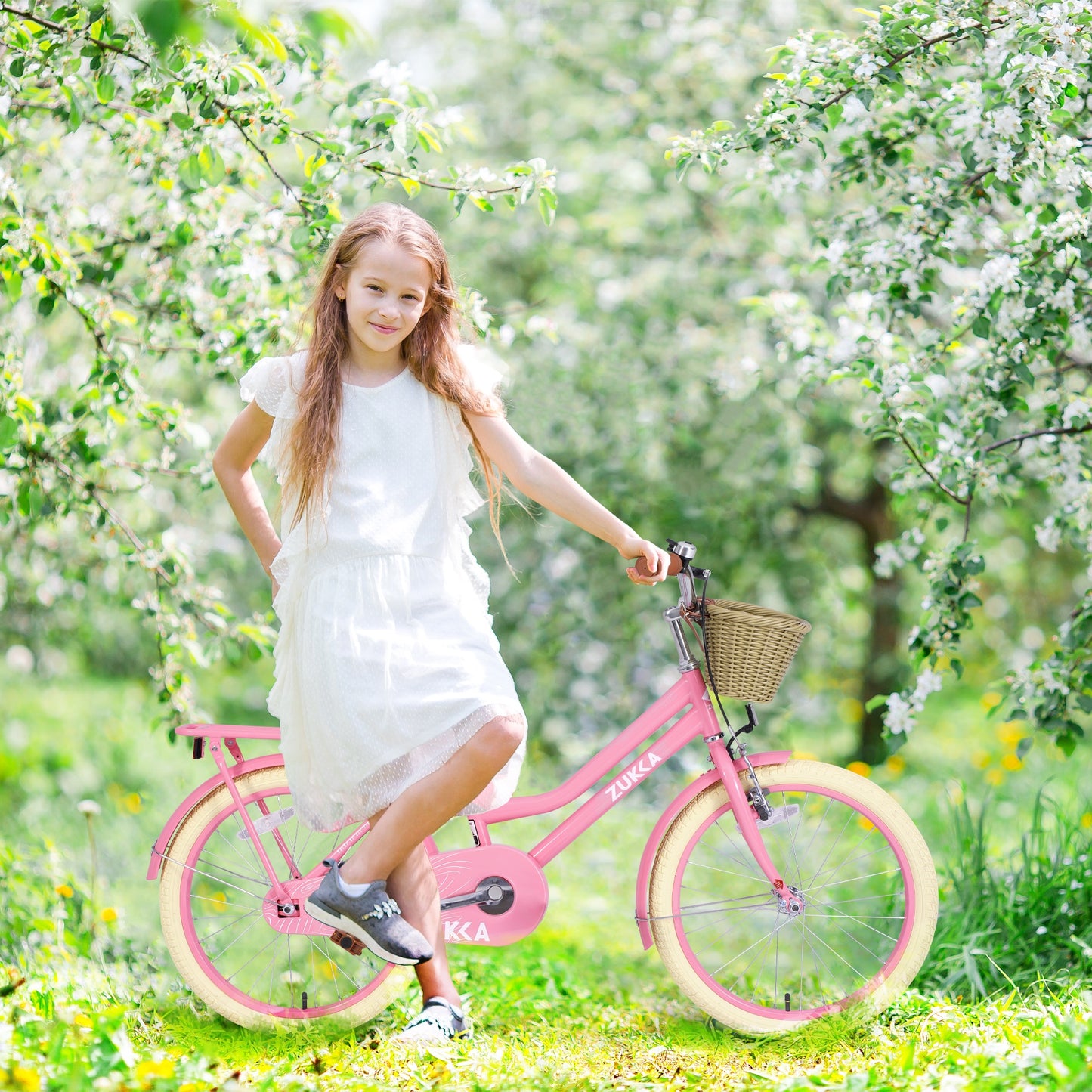 iRerts Girls Bike for 7-10 Years Old Kids, 20 Inch Bike with Basket, Brown Leather Saddle, Coaster Brakes, Retro Style Girls Bicycle Kids Cycle Bikes, Kids Bicycle for Gifts, Light Pink