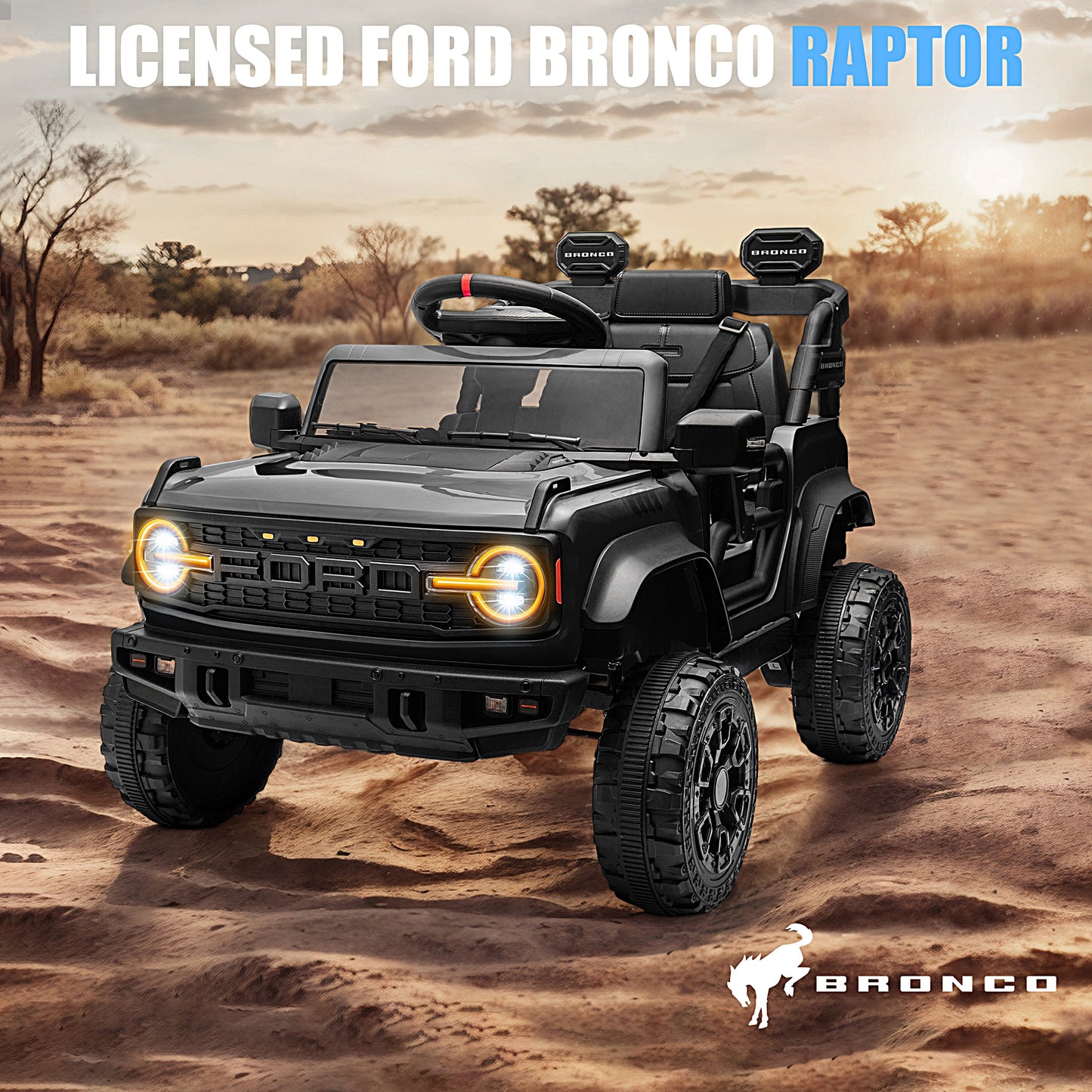 iRerts 12V Ride on Cars, Licensed Ford Bronco Raptor Toddlers Ride on Toys with Parental Remote Control, Bluetooth, FM Radio, LED Lights, Electric Car for Kids Boys Girls Ages 3-6,Black
