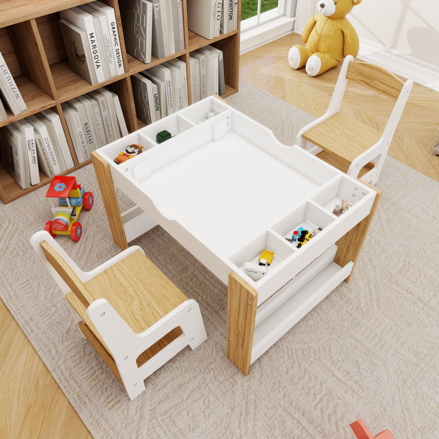 2 in 1 Kids Table Set, Kids Play Activity Table with Building Bricks, Whiteboard, Toy Organizer Compatible, Wood Building Block Desk for Drawing Reading Arts Crafts, White