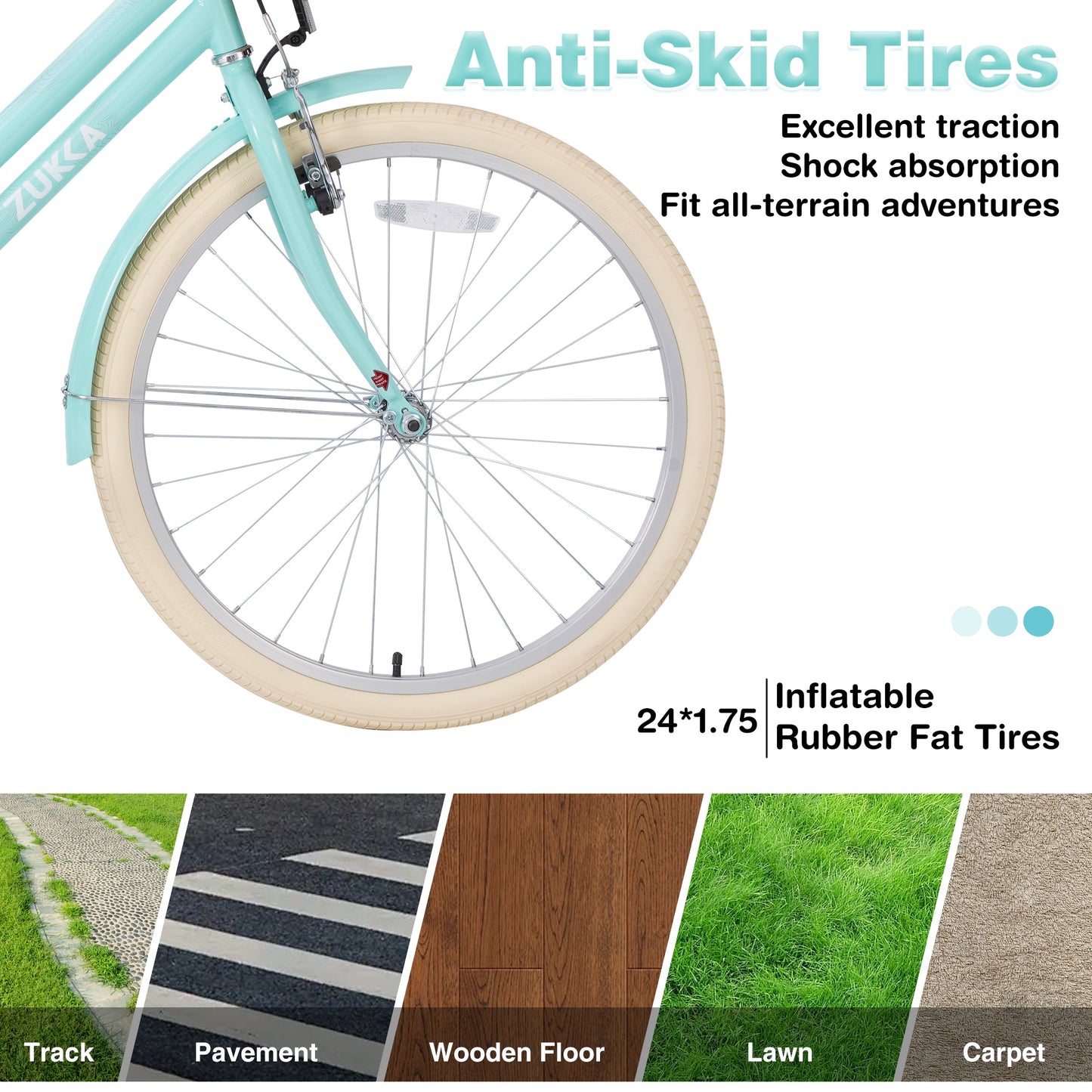 iRerts Girls Bike for 10+ Years Old Kids, 24 Inch Bike with Basket, Brown Leather Saddle, Coaster Brakes, Retro Style Girls Bicycle Cycle Bikes, Women Bicycle for Gifts, Mint Green