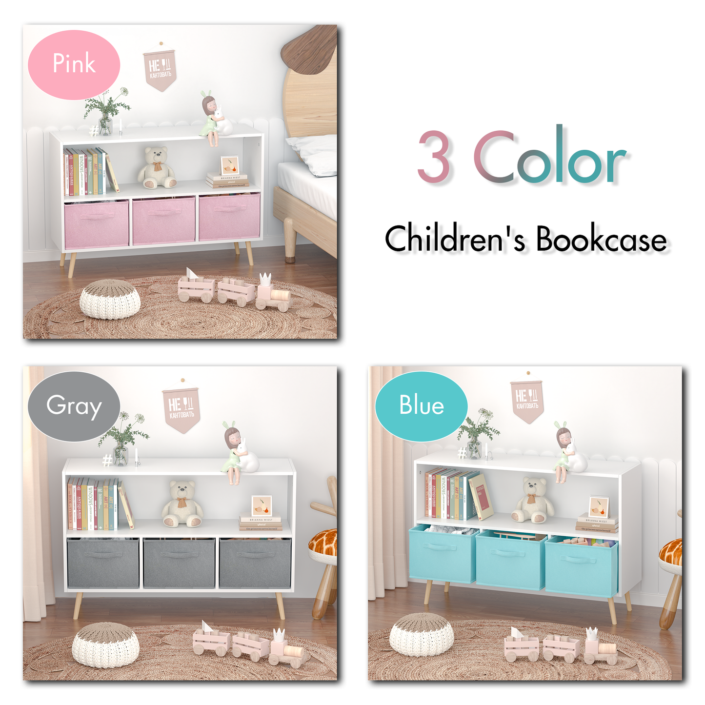 iRerts Kids Bookcase with Toy Storage Cabinet Toddler Bookshelf Wooden Book Shelf Organizer for Kids, Cubes Bookshelf for Boys and Girls