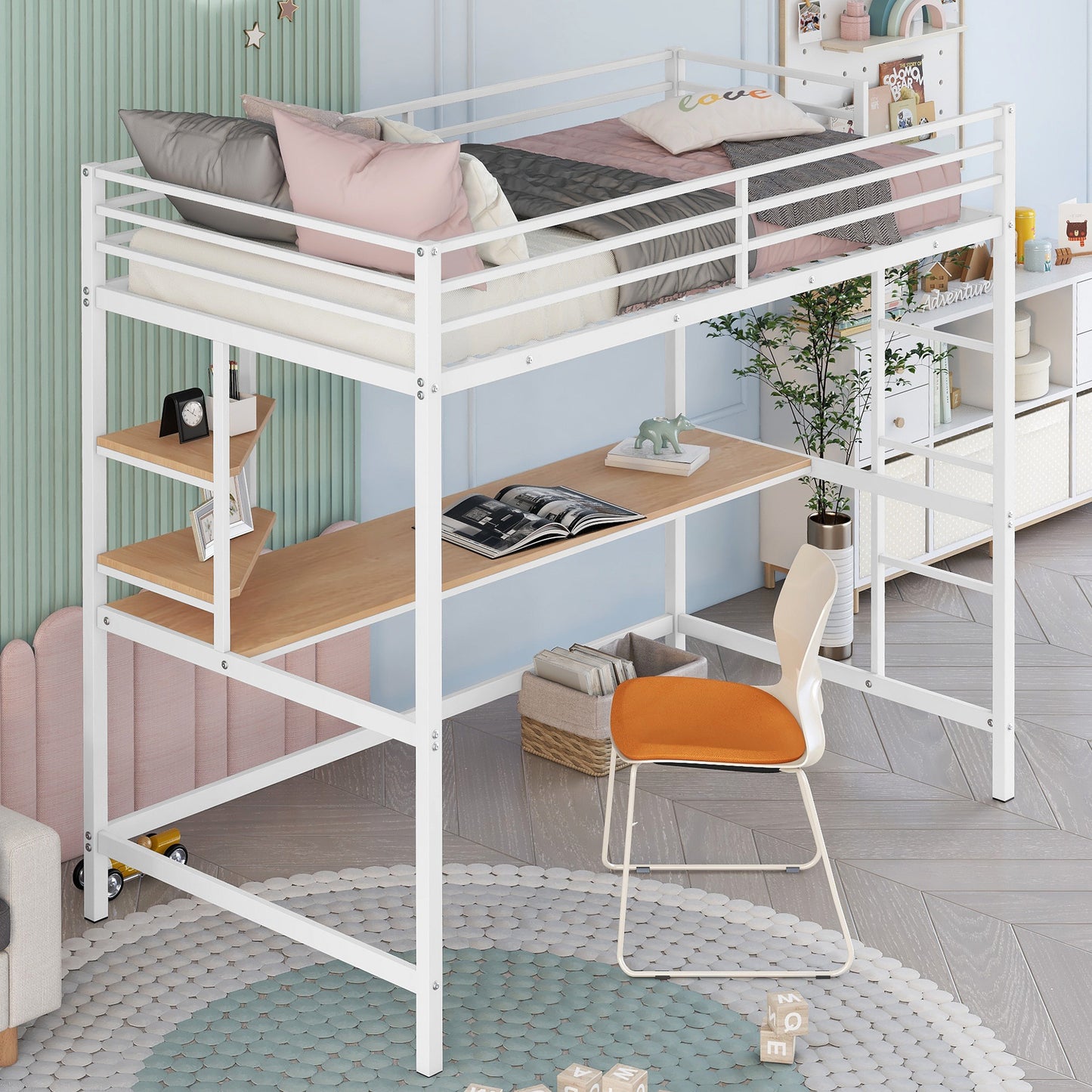 iRerts Twin Loft Bed, Twin Metal Loft Bed with Shelf and Desk, Twin Size Loft Bed with Safety Guardrail, Modern Twin Loft Bed Frame for Dorm Bedroom Guest Room, No Box Spring Needed, White