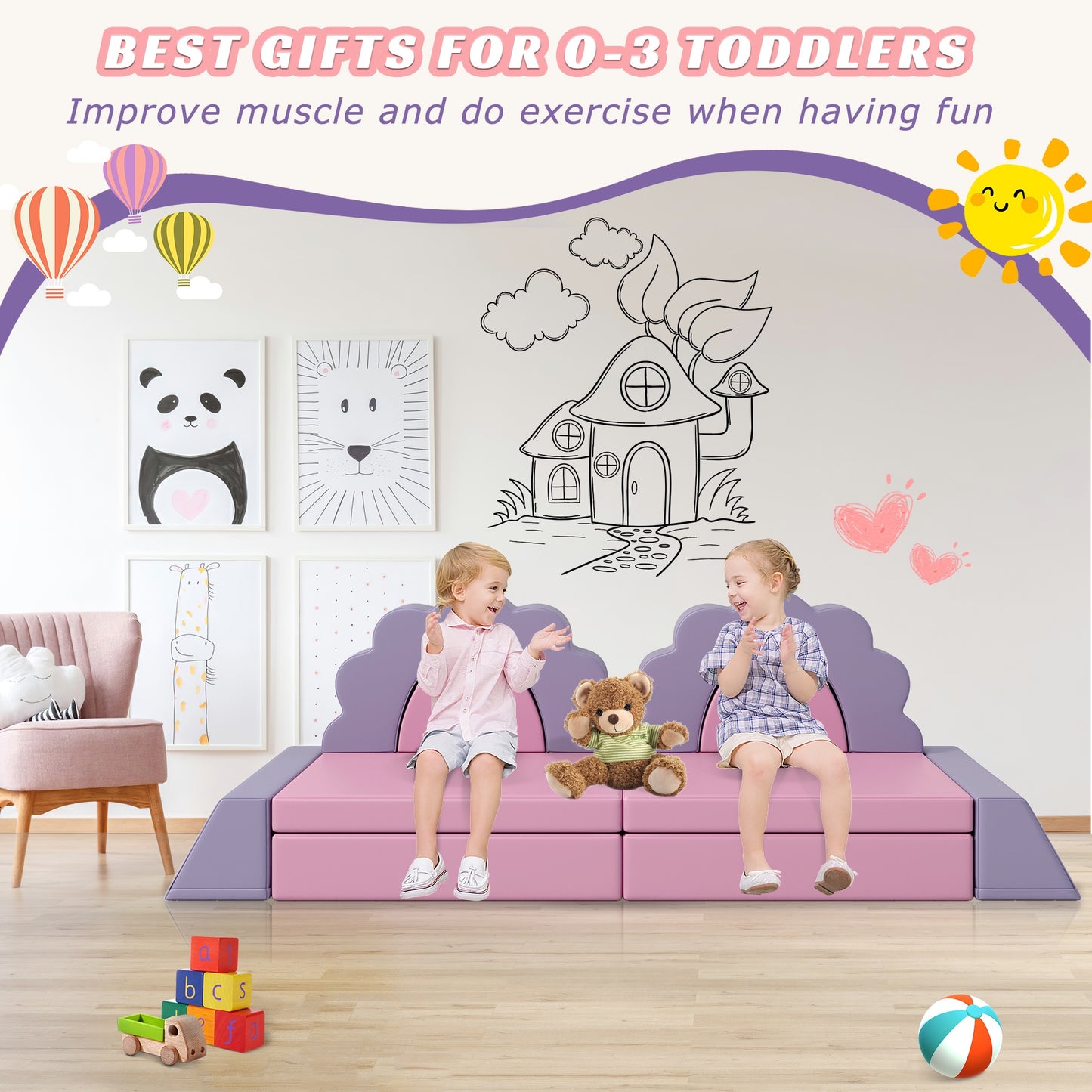 iRerts 10 PCS Modular Kids Play Couch, Kids Sofa Couch for Playroom Child Sectional Sofa, Foam Climbing Blocks Convertible Sofa, Baby Toddlers Couch Floor Sofa for Children, Pink