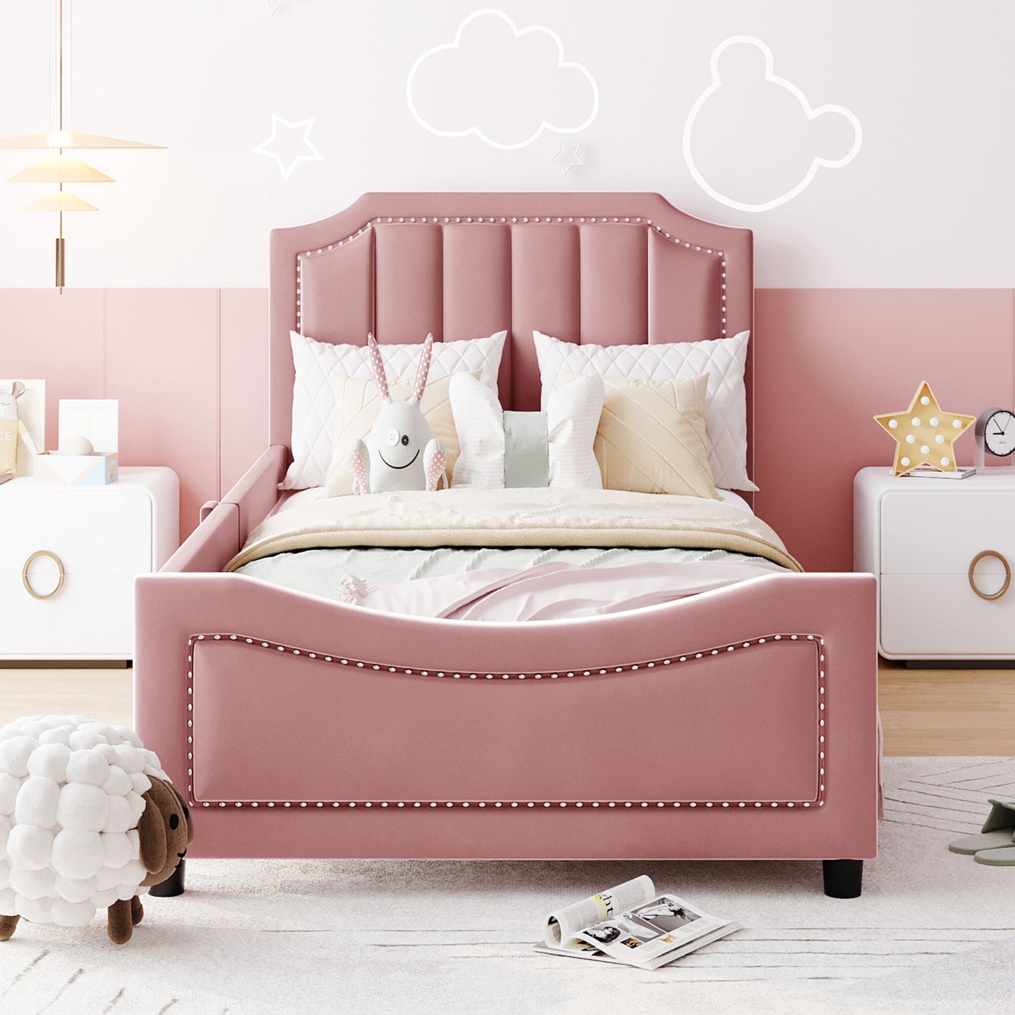iRerts Upholstered Twin Platform Bed Frame, Velvet Twin Daybed Frame with Classic Stripe Shaped Headboard and Footboard, Wood Twin Size Sofa Bed for Kids Girls Boys, No Box Spring Needed, Pink