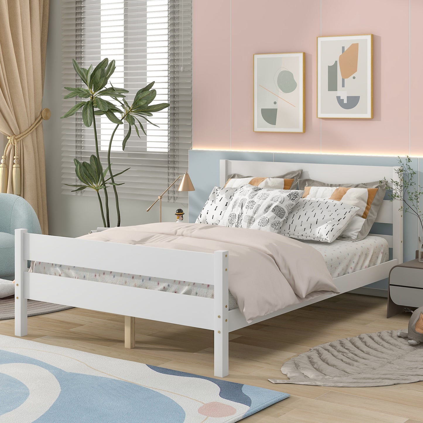 iRerts Wood Full Bed Frame, White Full Platform Bed Frame with Headboard and Footboard, Modern Full Bed Frame No Box Spring Needed for Adults Teens Kids, Full Size Bed Frame with Wood Slat Support