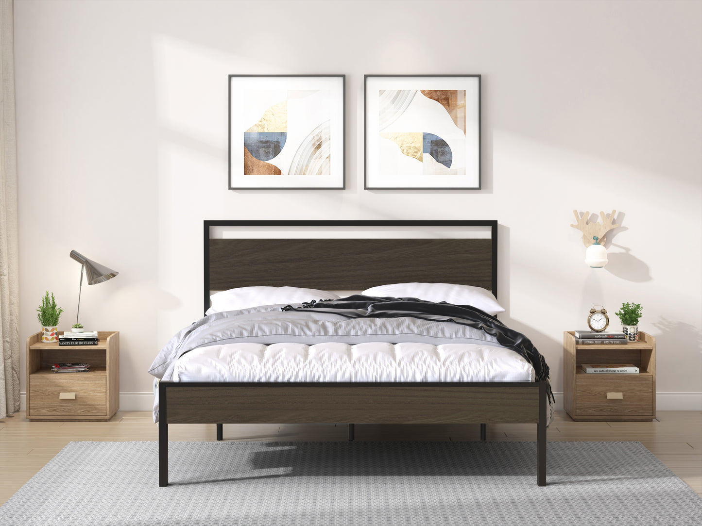 iRerts Queen Platform Bed Frame with Headboard, Industrial Metal Queen Bed Frame with Slat Support, Modern Bed Frame Queen Size for Adults Teens Kids Bedroom, No Box Spring Needed, Black