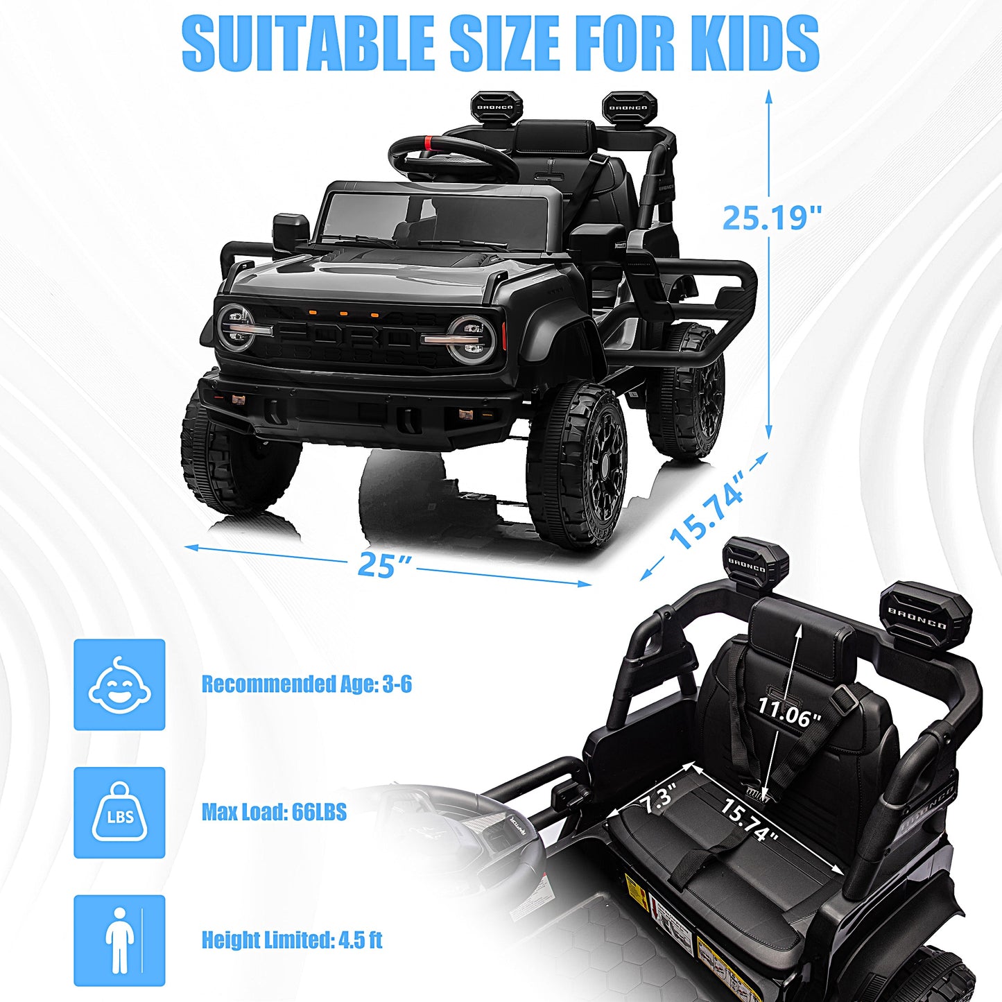 iRerts 12V Ride on Cars, Licensed Ford Bronco Raptor Toddlers Ride on Toys with Parental Remote Control, Bluetooth, FM Radio, LED Lights, Electric Car for Kids Boys Girls Ages 3-6,Black
