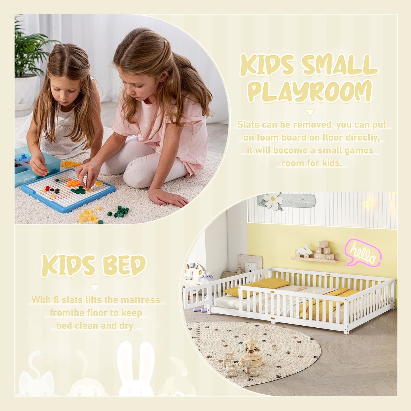 iRerts Queen Floor Bed Frame for Toddlers Kids, Wood Queen Montessori Bed Frame with Slats, Fence, Door, Kids Montessori Bed Queen Size, Queen Toddler Bed Frame for Boys Girls, White