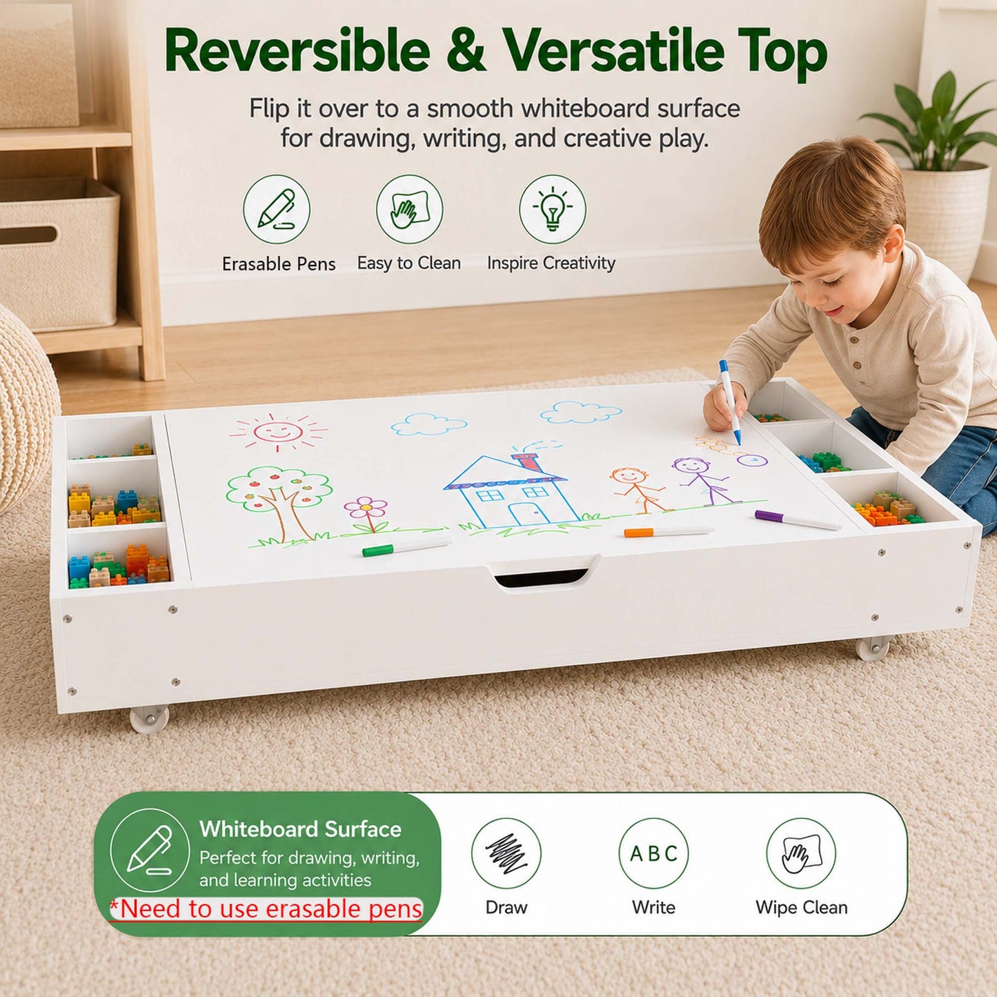 Kids Activity Table, 3 in 1 Reversible Kids Play Table with Building Bricks, Whiteboard, City Road Map, Toy Organizer Compatible, Wood Building Block Desk for Drawing, Reading, Arts, Crafts, White