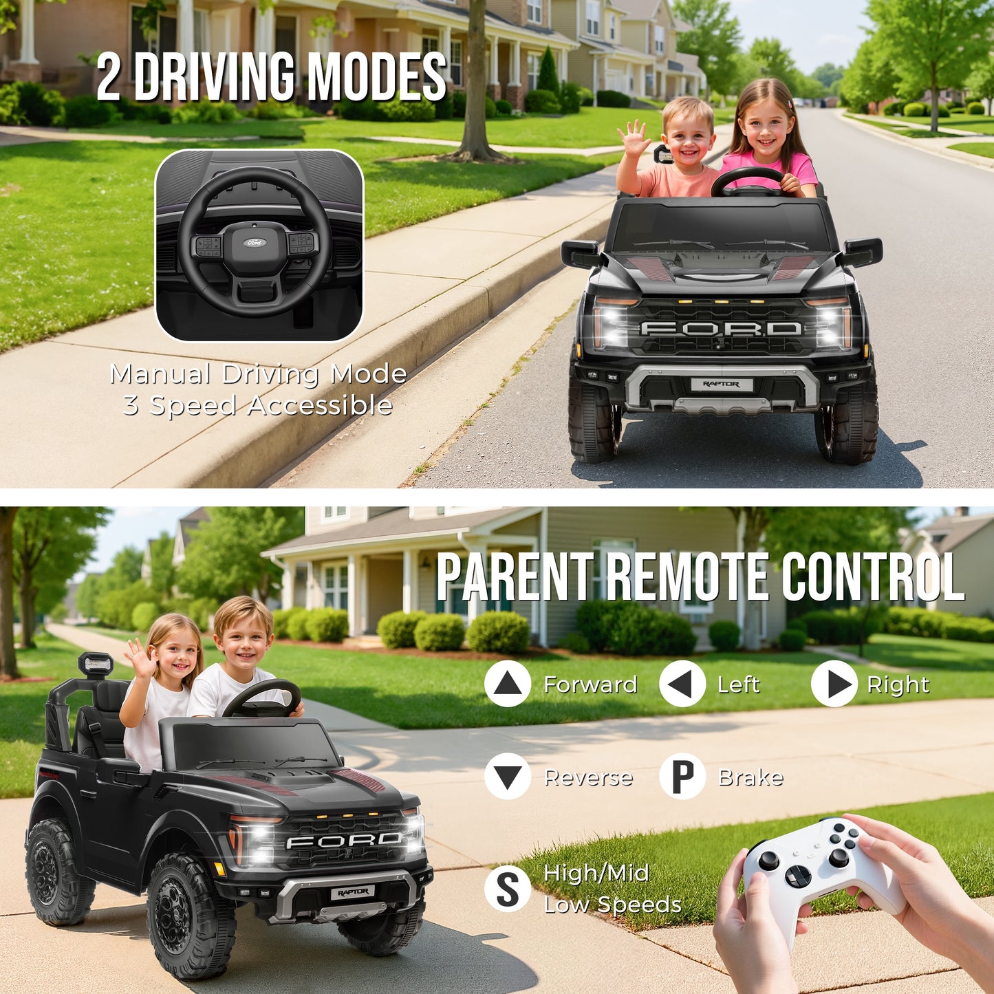 iRerts 24V Ride on Toys for Big Kids, Licensed Ford F 150 Raptor 2 Seater Ride on Cars with Remote Control, Bluetooth, FM Radio, LED Lights, 4 Wheels Suspension, Electric Car for Kids Ages 3-8, Black