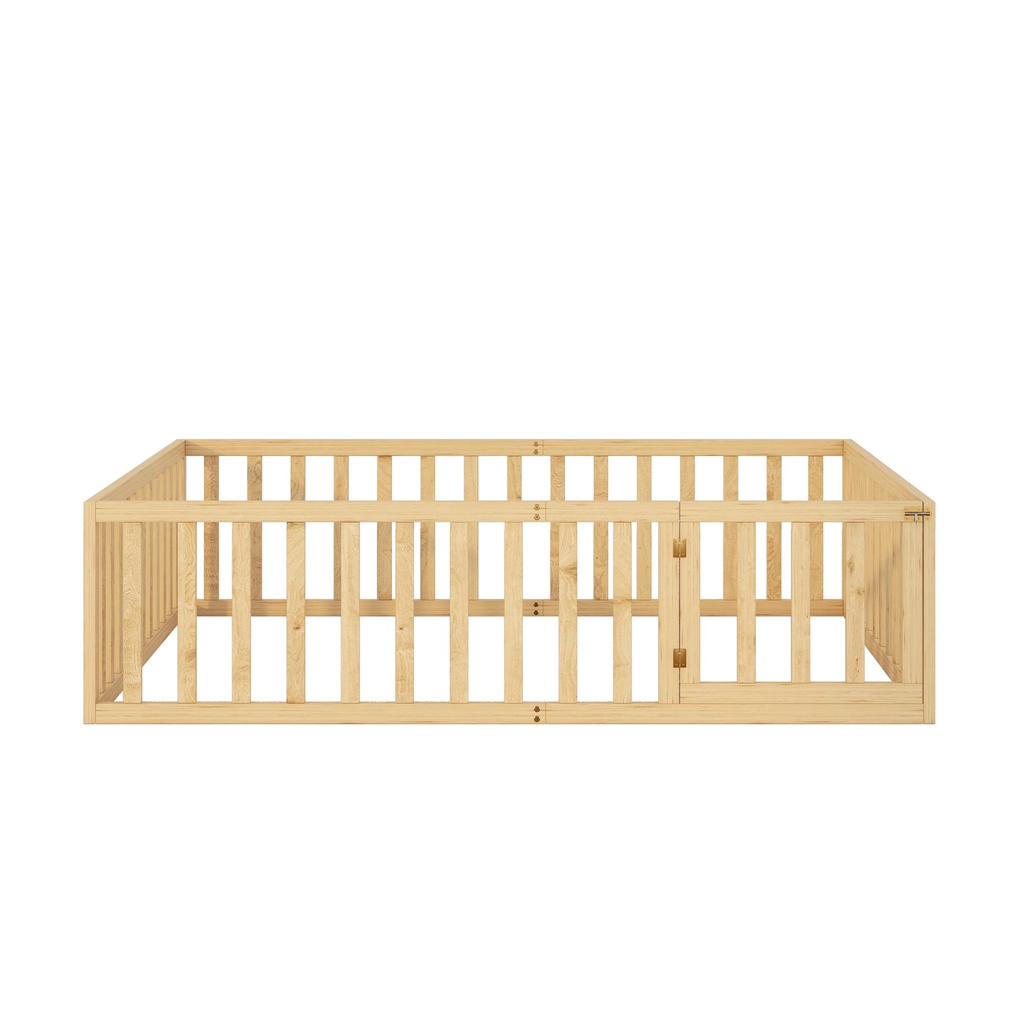iRerts Queen Floor Bed Frame for Kids Toddlers, Wood Montessori Low Floor Queen Size Bed Frame with Fence Guardrail and Door, kids Queen Bed for Boys Girls, Spring Needed, Natural