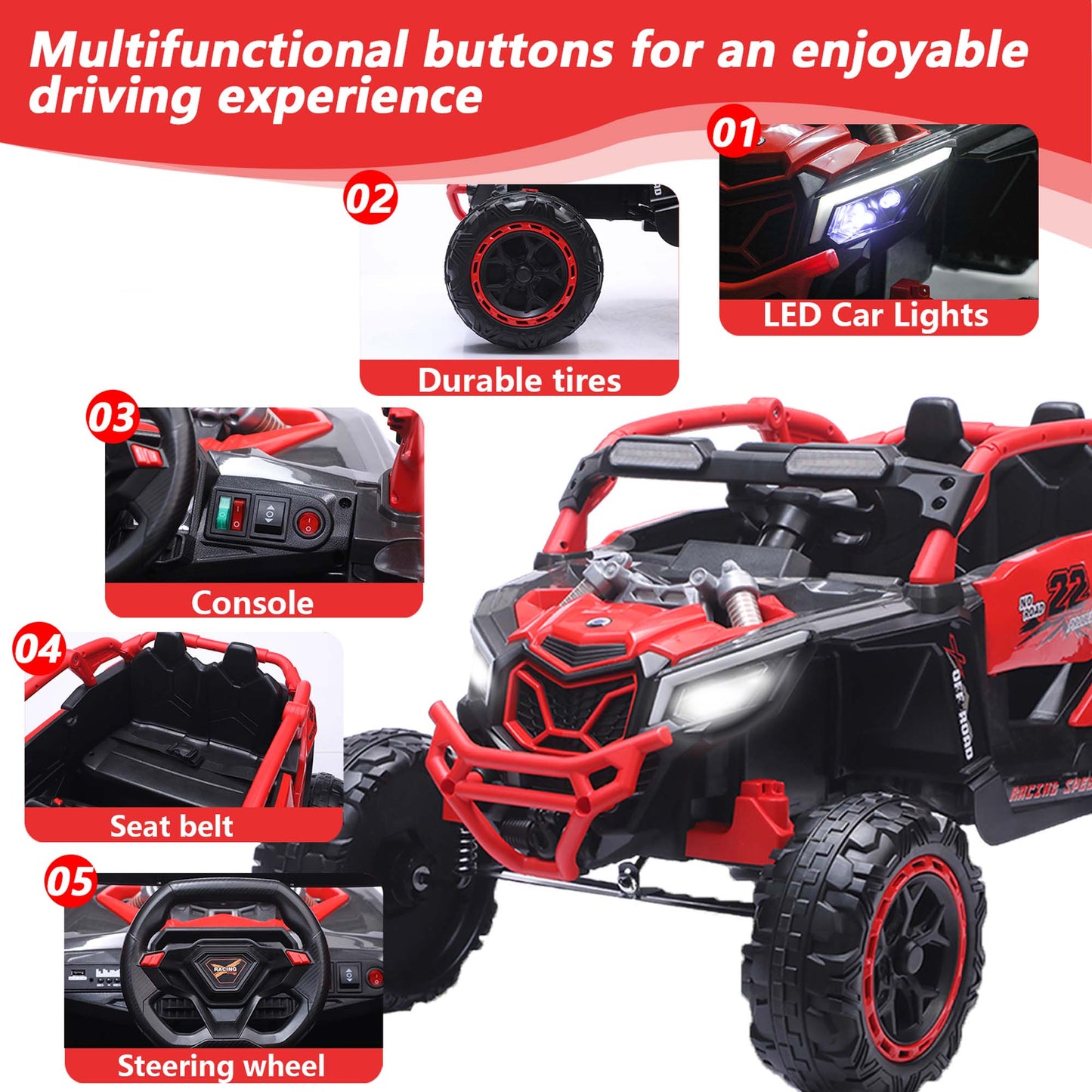 iRerts 24V Ride on Toys with Parents Remote Control, Ride on UTV Car with Bluetooth, MP3 Port, Music, LED Lights, 4 Shock Absorbers, Battery Powered Electric Car for Kids Ages 2-6, Red