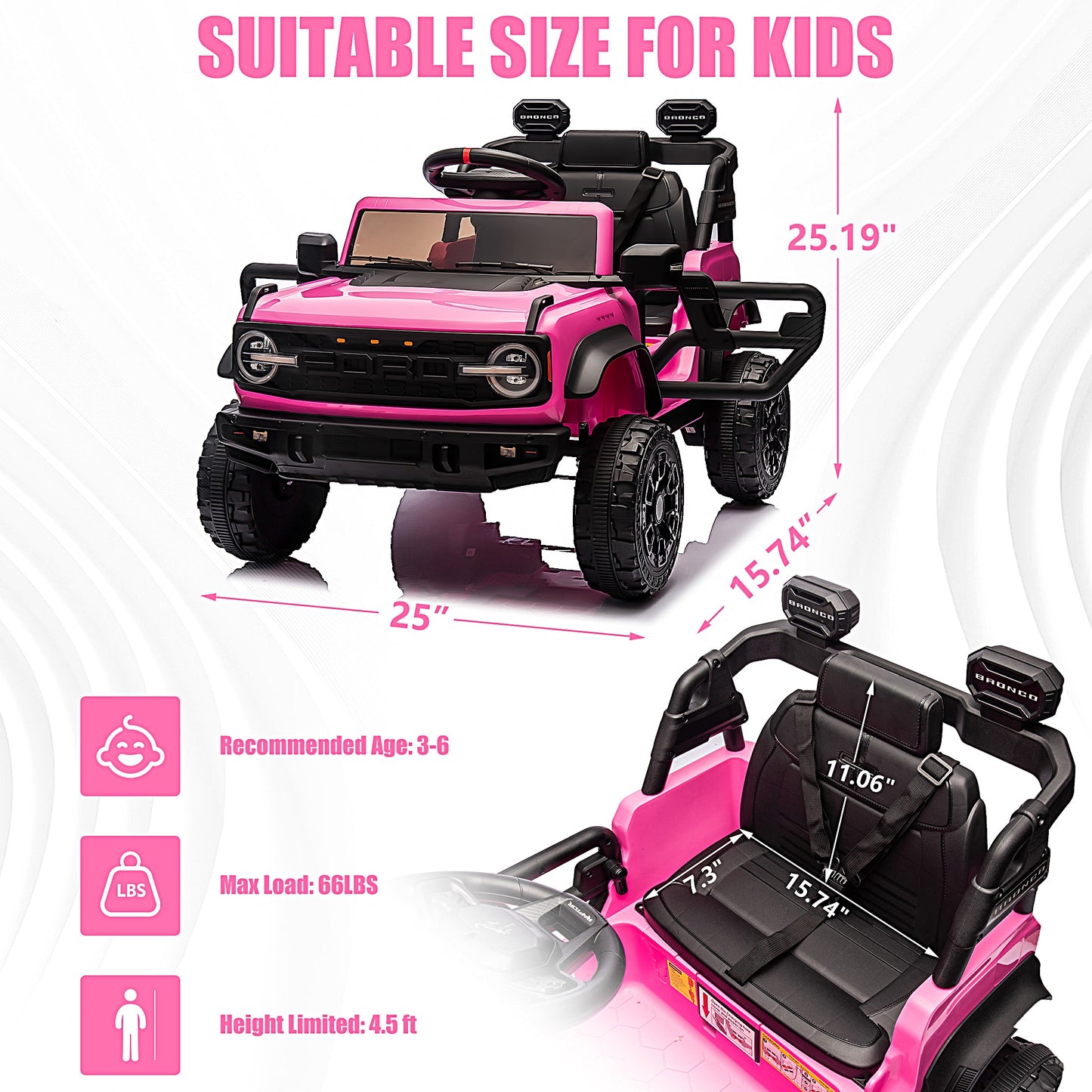 iRerts 12V Ride on Cars, Licensed Ford Bronco Raptor Toddlers Ride on Toys with Parental Remote Control, Bluetooth, FM Radio, LED Lights, Electric Car for Kids Boys Girls Ages 3-6,Pink