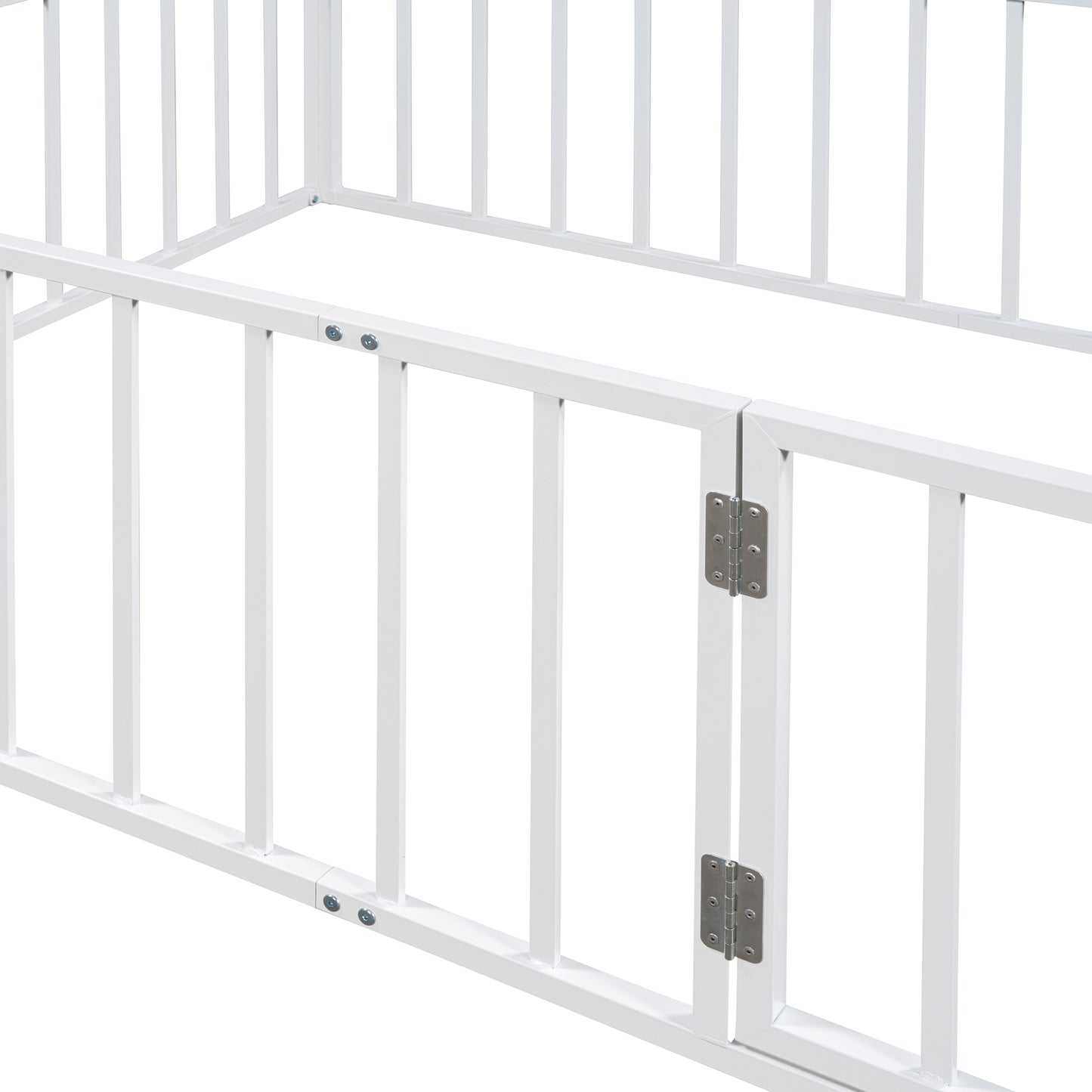 iRerts Full Floor Bed Frame, Metal Full Size Montessori Floor Bed Frame with Fence and Door, Kids Toddler Floor Bed Frame Full Size for Girls Boys, Twin Bed Frame without Bed Slats, White