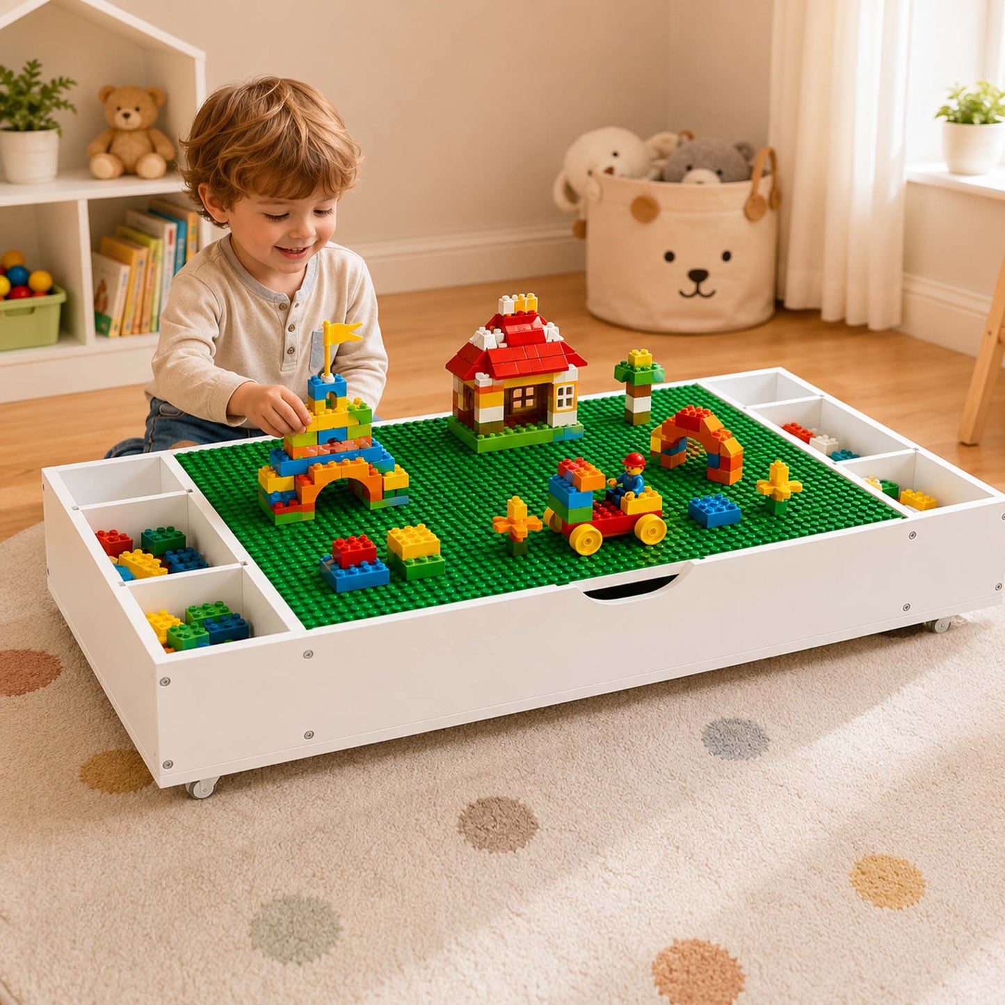 Kids Activity Table, 3 in 1 Reversible Kids Play Table with Building Bricks, Whiteboard, City Road Map, Toy Organizer Compatible, Wood Building Block Desk for Drawing, Reading, Arts, Crafts, White