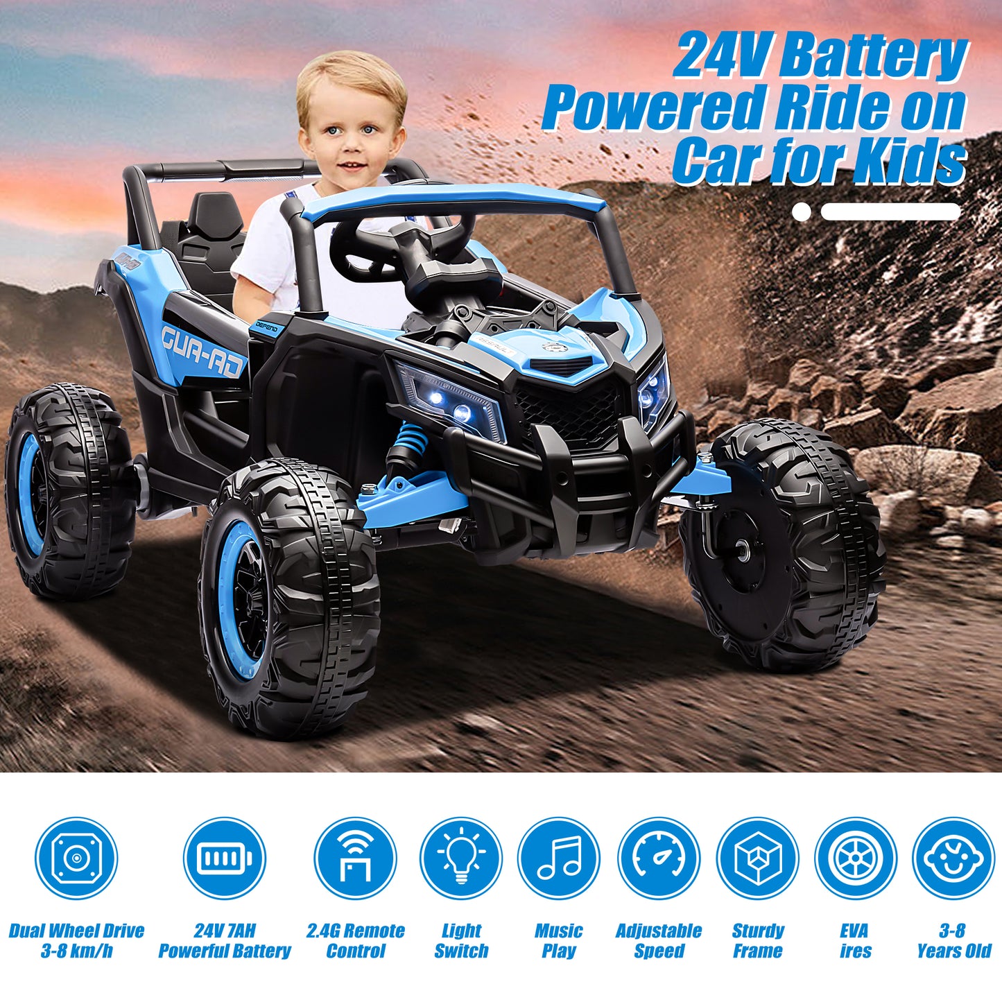 iRerts Blue 24V Battery Powered Ride on UTV Cars for Boys Girls, Kids Ride on Toys with Remote Control, Music, LED Light, USB, Bluetooth, Large Seat Kids Electric Vehicle for Christmas Birthday Gifts