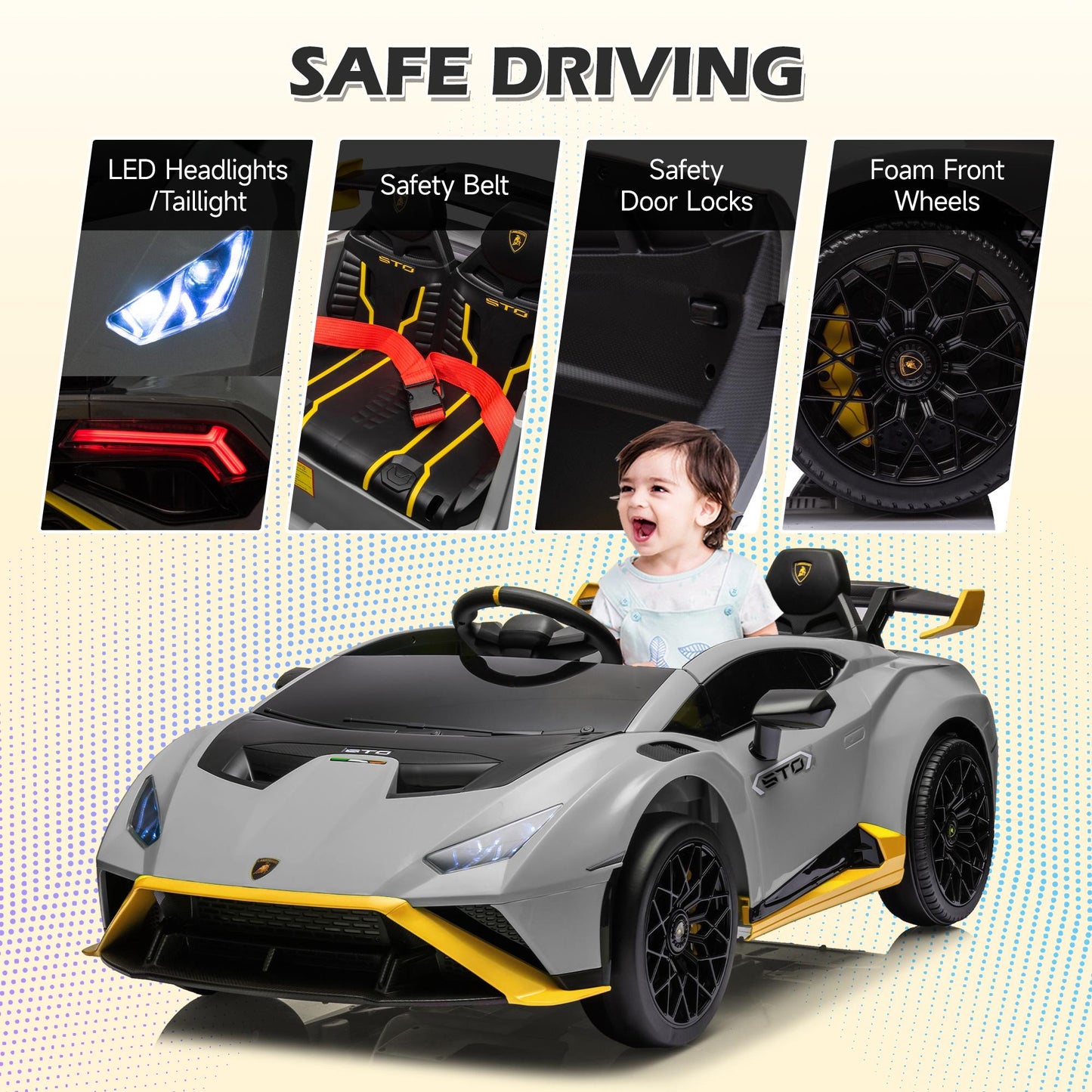 iRerts Gray 24V Lamborghini Ride on Cars with Remote Control, Battery Powered Kids Ride on Toys for Boys Girls 3-8 Ages, 4 Wheels Electric Cars for Kids with Bluetooth/Music/USB Port/LED Lights