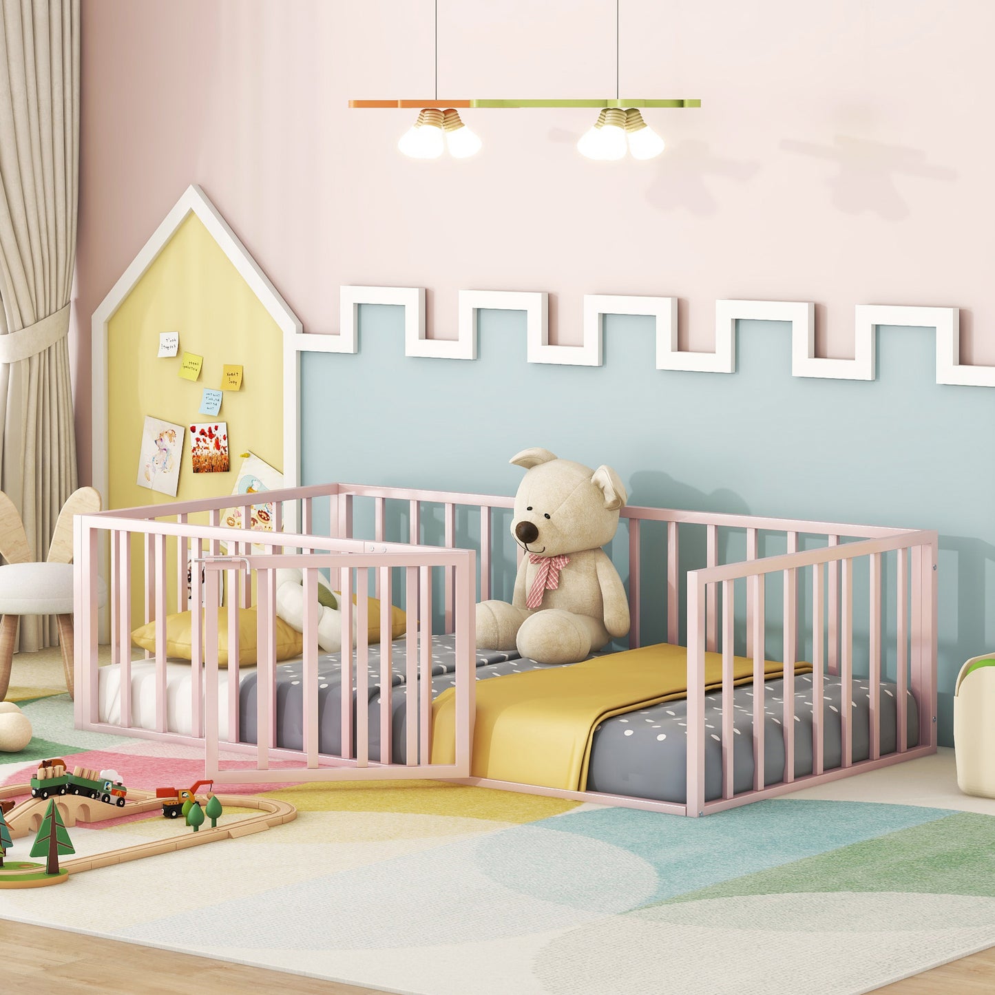 iRerts Twin Floor Bed Frame, Metal Twin Size Montessori Floor Bed Frame with Fence and Door, Kids Toddler Floor Bed Frame Twin Size for Girls Boys, Twin Bed Frame without Bed Slats, Pink