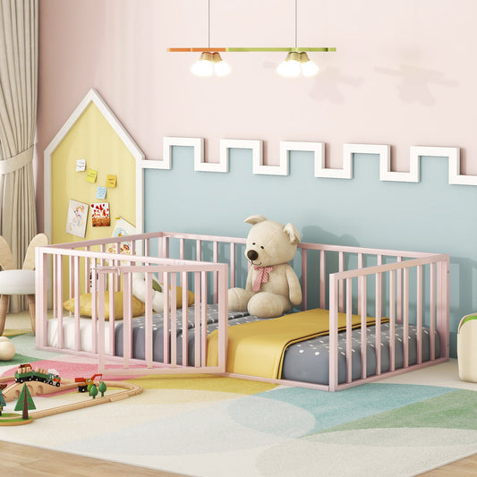 iRerts Twin Floor Bed Frame, Metal Twin Size Montessori Floor Bed Frame with Fence and Door, Kids Toddler Floor Bed Frame Twin Size for Girls Boys, Twin Bed Frame without Bed Slats, Pink