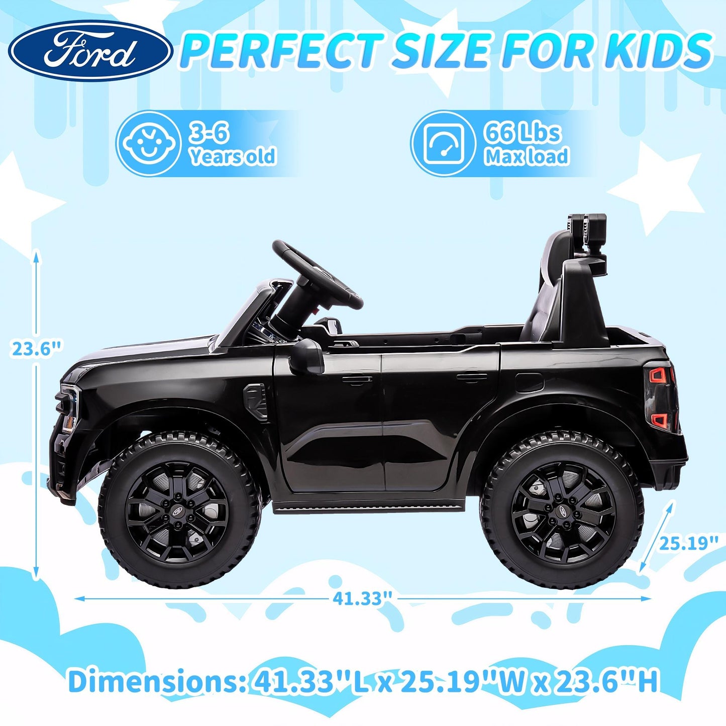iRerts Black 12V Ford Ranger Powered Ride on Car with Remote Control, Kids Electric Car for Boys Girls 3-6 Ages, Kids Ride on Toys with Bluetooth, Music, USB Port, Horn, LED Lights