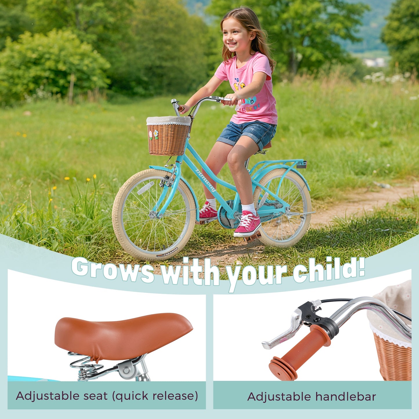 iRerts 20 Inch Girls Bike with Basket, Kids Bike for Girls Ages 7-10 with Bike Wheel Lights, Girls Bicycle with Kickstand, Leather Saddle, Coaster Brakes, Blue