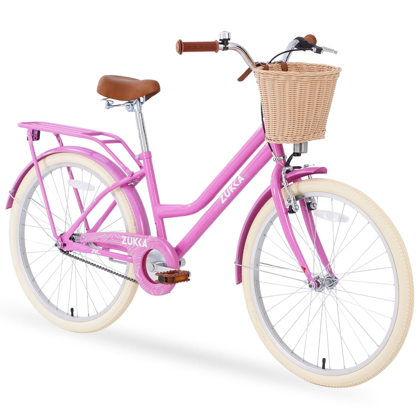 iRerts Girls Bike for 10+ Years Old Kids, 24 Inch Bike with Basket, Brown Leather Saddle, Coaster Brakes, Retro Style Girls Bicycle Cycle Bikes, Women Bicycle for Gifts, Pink