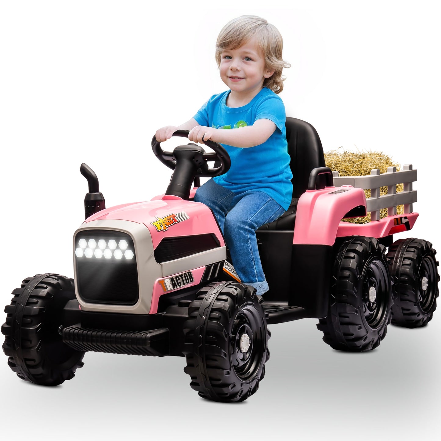 Powered Ride on Toy Tractor, 24V Kids Ride on Car with Remote Control, Electric Vehicles for Kids Toddlers 3-6 Years with 3 Speeds, Bluetooth, Music Player, LED Light, Rear Wheel Suspension, Pink