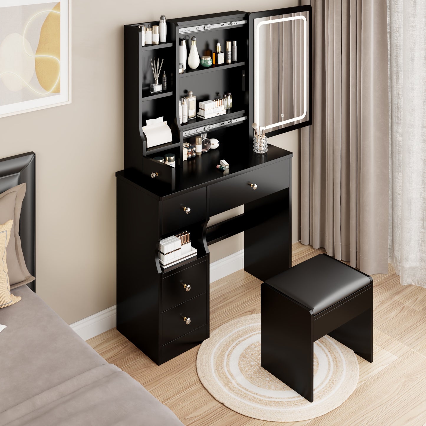 iRerts Vanity Desk with Chair, Makeup Vanity Set with LED Mirror, 3 Lighting Modes Brightness Adjustable, Shelf and Drawers, Makeup Vanity Desk Dressing Table Set for Bedroom Small Space, Black