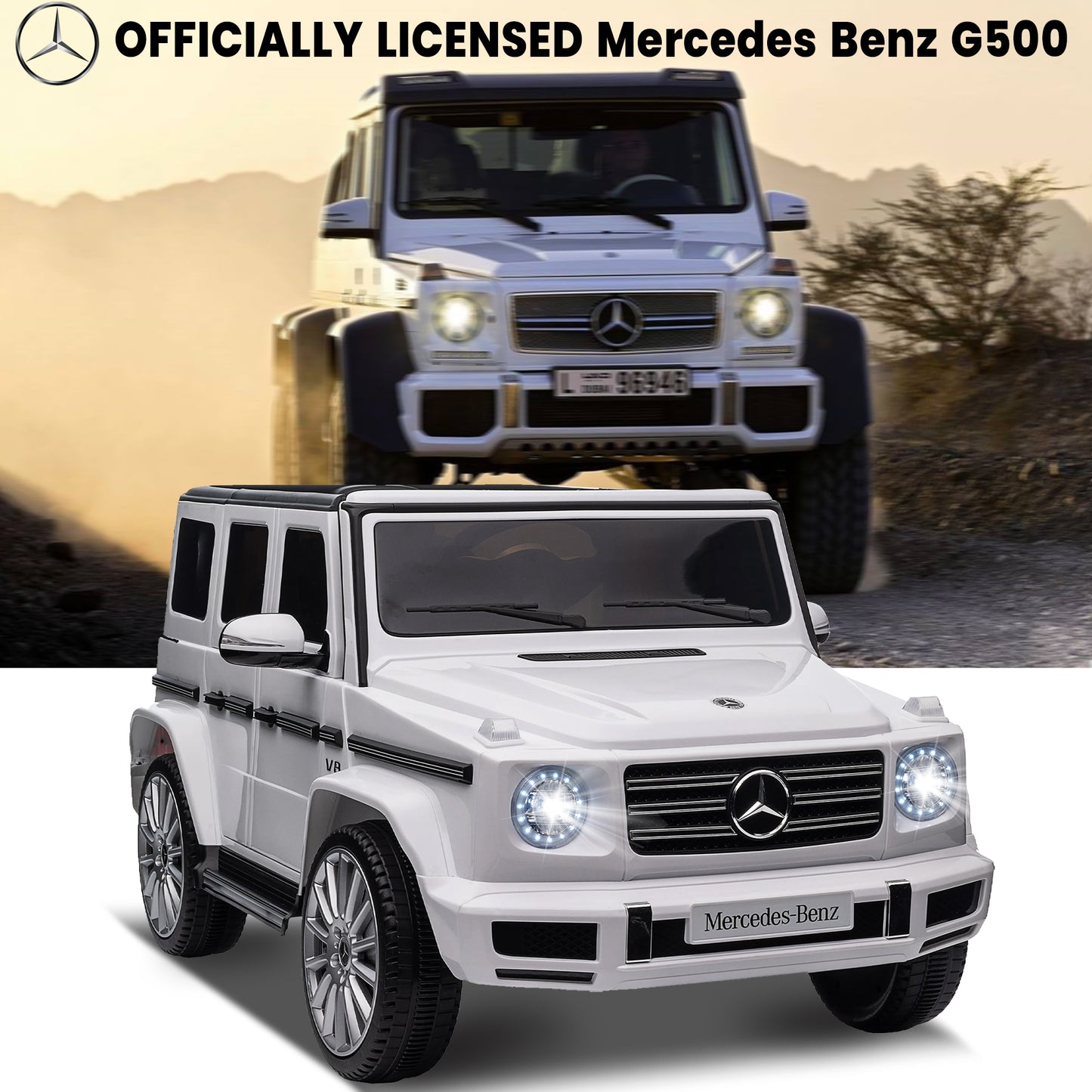 24V Ride On Cars with Remote Control, Licensed Mercedes Benz G500 Kids Electric Car for Boys Girls Gifts, Battery Powered Ride on Trucks Toys with Bluetooth, MP3, Music, Led Lights, USB, White