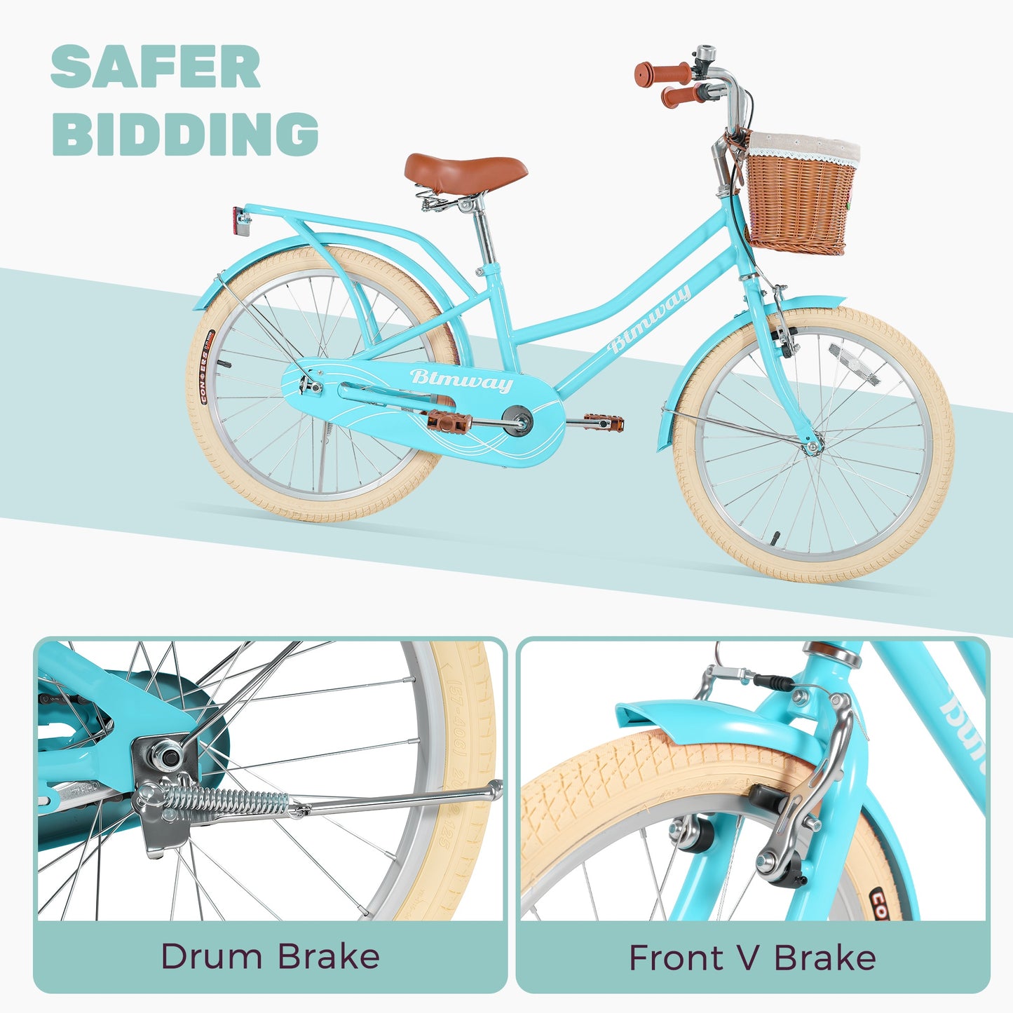 iRerts 20 Inch Girls Bike with Basket, Kids Bike for Girls Ages 7-10 with Bike Wheel Lights, Girls Bicycle with Kickstand, Leather Saddle, Coaster Brakes, Blue