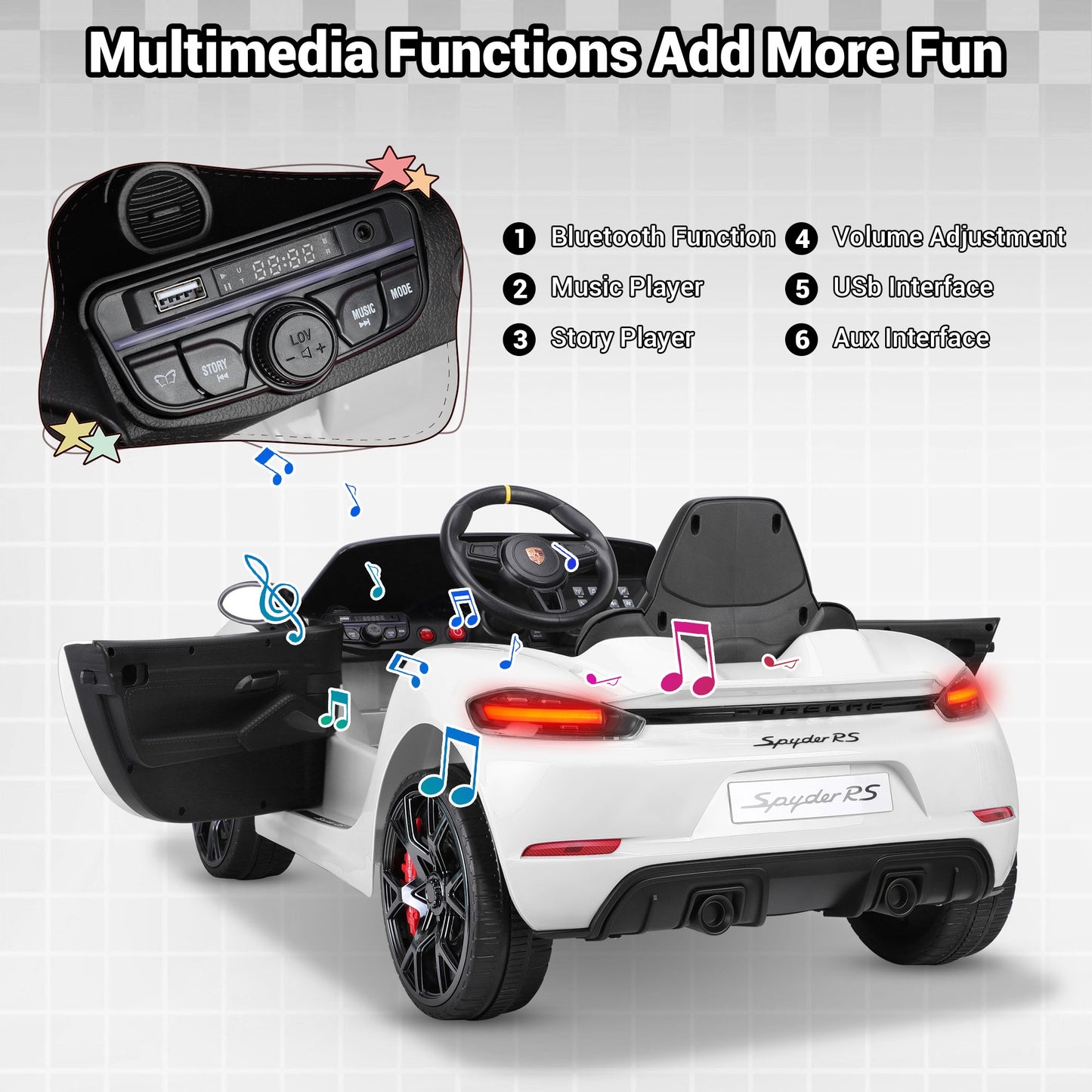 12V Powered Ride On Toys, Licensed Porsche 718 Ride on Car for Kids Boys Girls Christmas Gifts Ages 3-5, Kids Cars Electric Vehicle with Remote Control, Bluetooth, Music, LED Light, 4 Wheeler, White