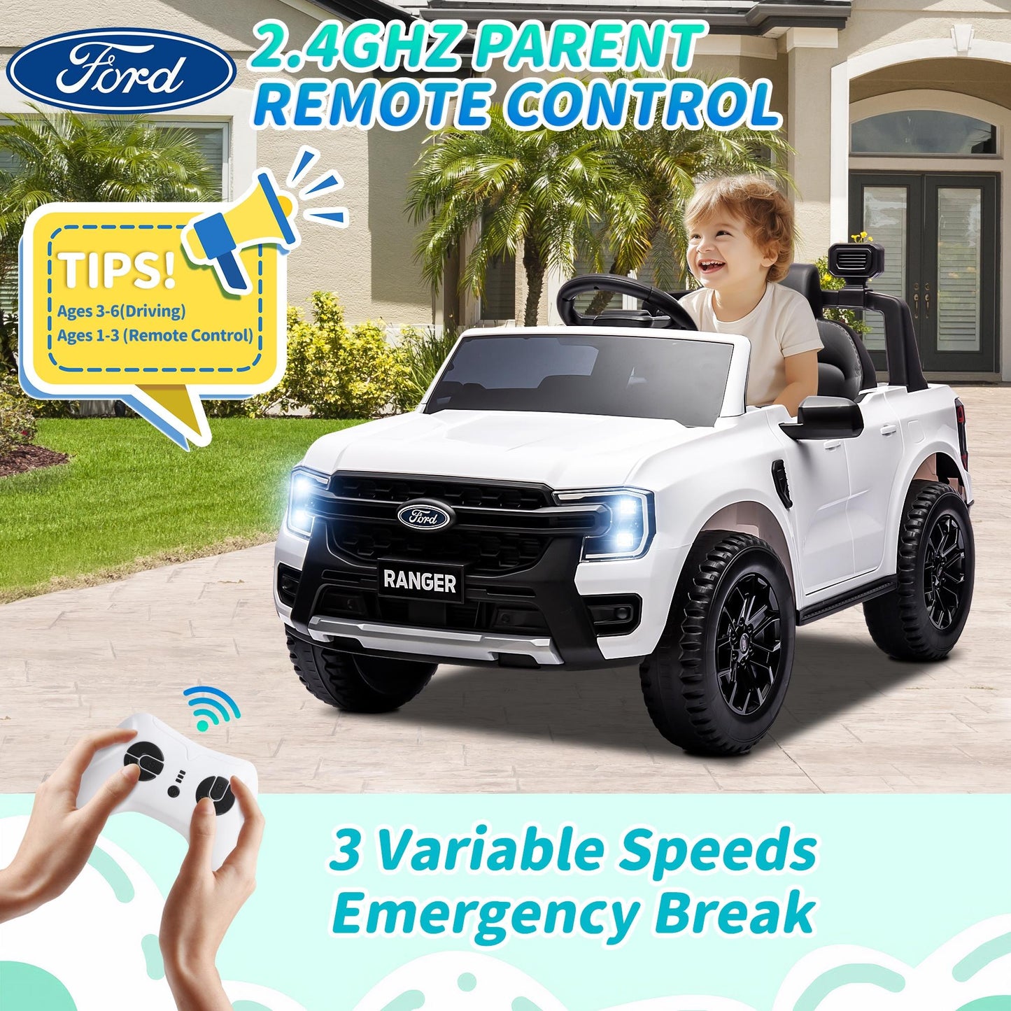 12V Ride on Cars with Remote Control, Ford Ranger Electric Cars for Kids with Bluetooth, Music, USB Port, Horn, LED Lights, Battery Powered Ride on Toys for Kids Boys Girls 3-6 Ages Gifts, White