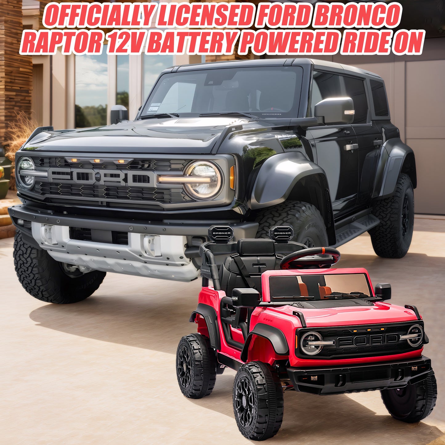 12V Powered Ride on Car, Ford Bronco Raptor Ride on Toys with Remote Control, Battery Powered Ride on Trucks with Bluetooth Music, LED Light, Kids Car Electric Vehicle for Boys Girls Gifts, Red