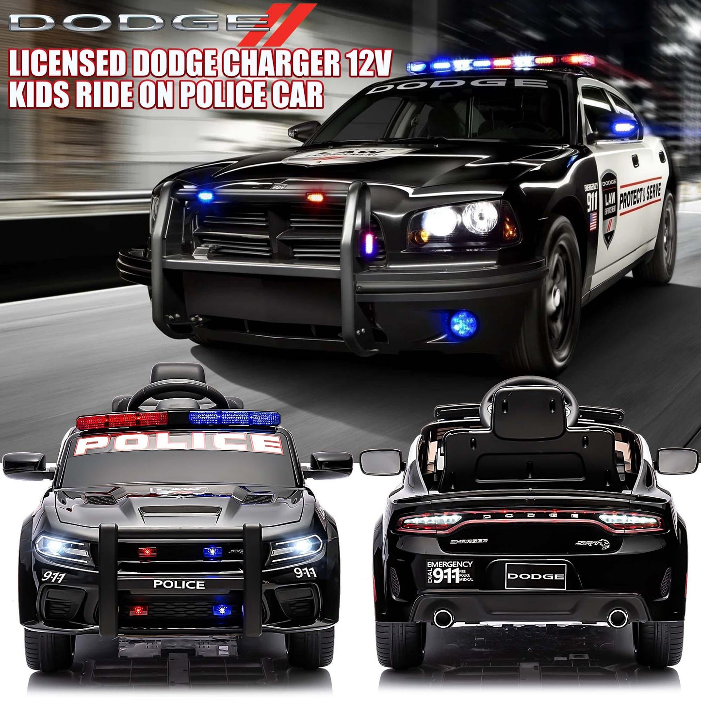 Dodge Charger 12V Ride on Police Cars, Battery Powered Ride on Toy Car with Remote Control for Boys Girls Gifts, Electric Car for Kids with Bluetooth, Music Player, LED Lights, 3 Speeds, Black