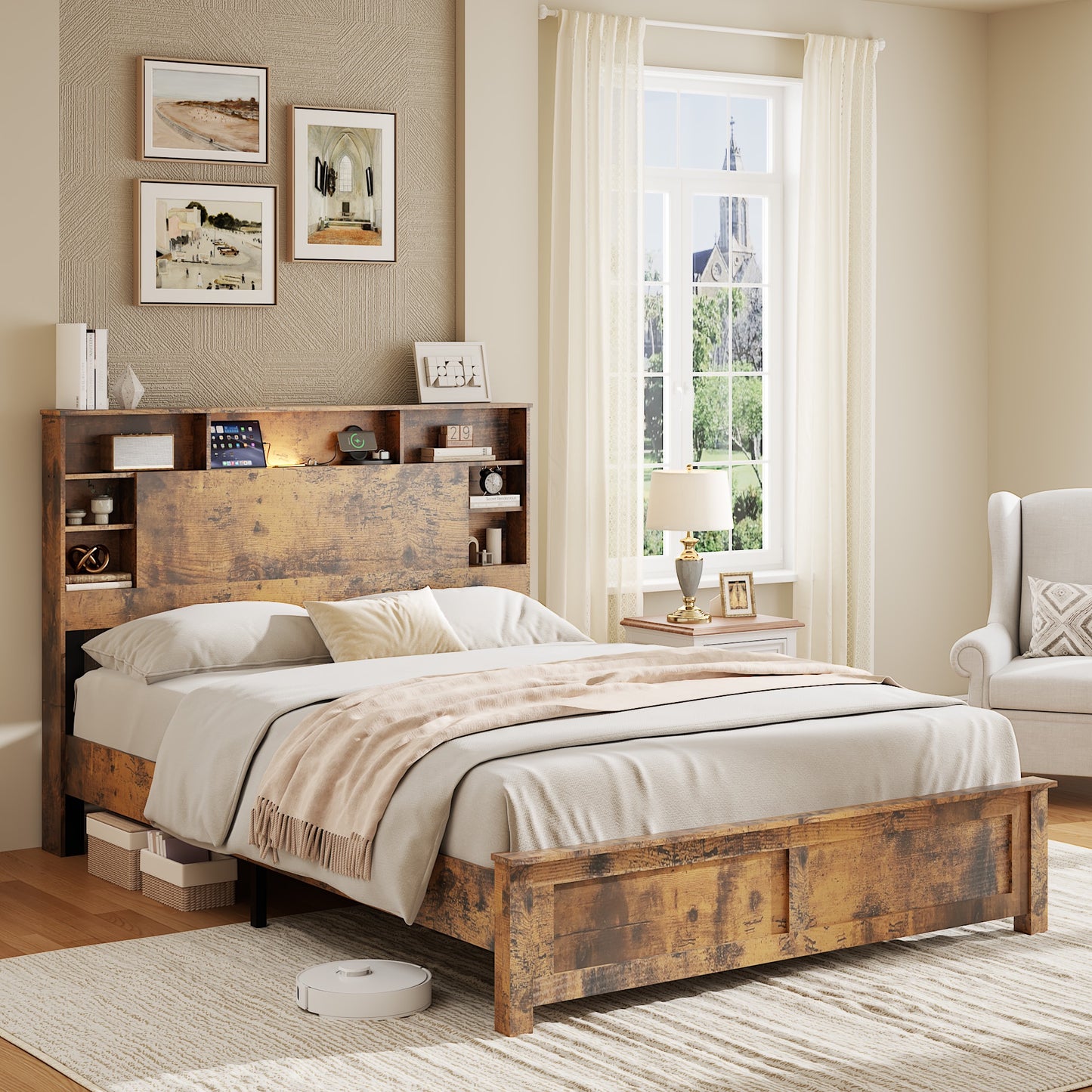 iRerts Wood Full Platform Bed Frame, Full Bed Frame with Storage Headboard, Charging Station, LED Lights, Full Bed Frame No Box Spring Needed, Dark Brown