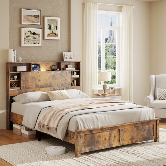 iRerts Wood Full Platform Bed Frame, Full Bed Frame with Storage Headboard, Charging Station, LED Lights, Full Bed Frame No Box Spring Needed, Dark Brown