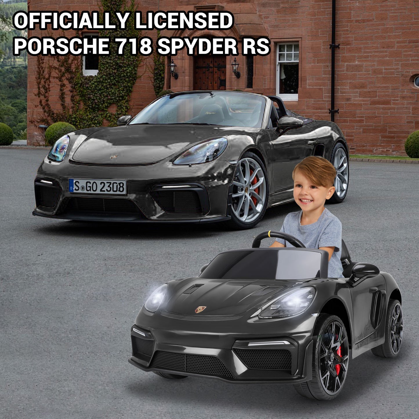 12V Powered Ride On Toys, Licensed Porsche 718 Ride on Car for Kids Boys Girls Christmas Gifts Ages 3-5, Kids Cars Electric Vehicle with Remote Control, Bluetooth, Music, LED Light, 4 Wheeler, Black