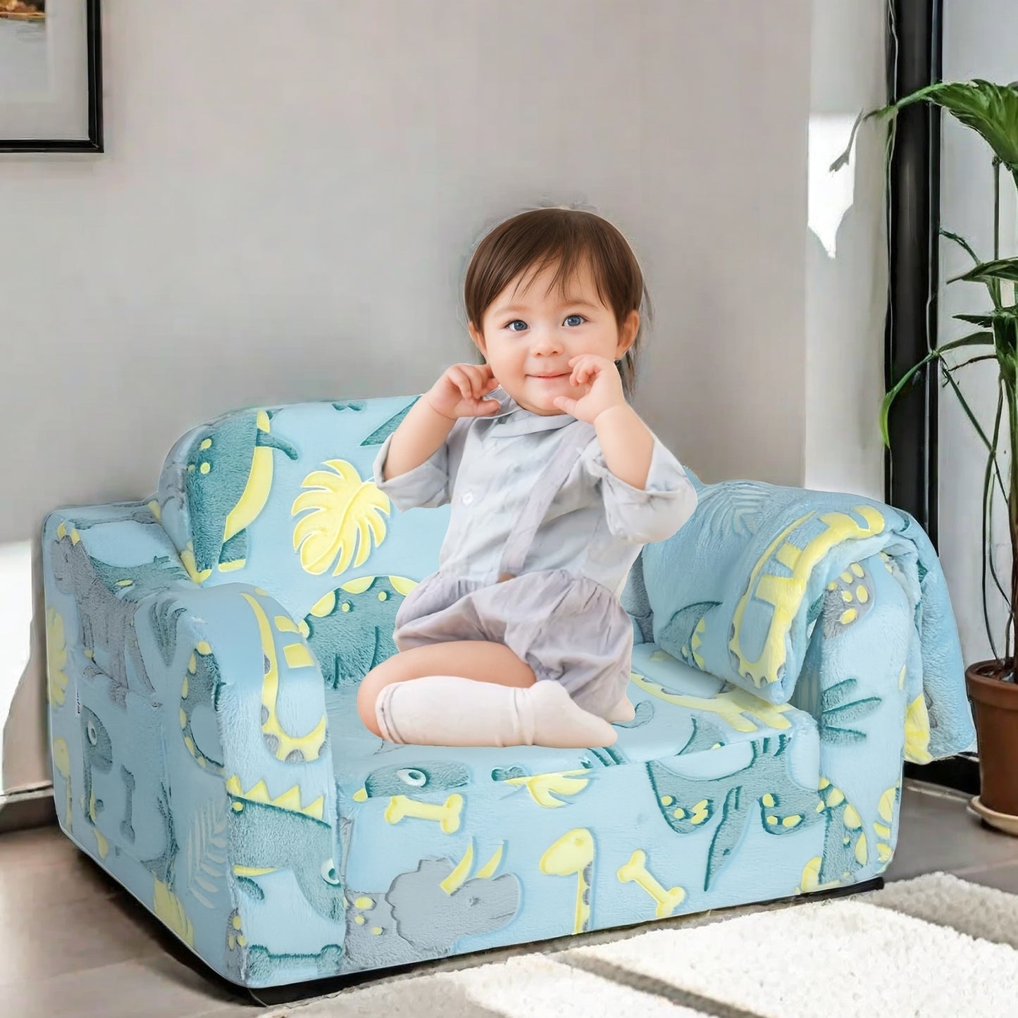 iRerts Kids Sofa, 2-in-1 Soft Toddler Couch Fold Out, Compression Modular Kids Sofa Convertible Sofa to Lounger, Kids Couch Foldable Kids Chair for Girls Boys Age 3-6, Blue