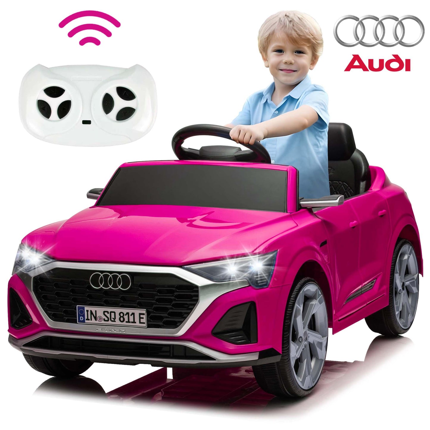 Ride on Toy Car Kids for Boys Girls, Licensed Audi SQ8 12V Ride on Cars with Remote Control, Battery Powered Electric Vehicle Car for Kids with Music, LED Lights, 3 Speed, 4 Wheeler, Pink