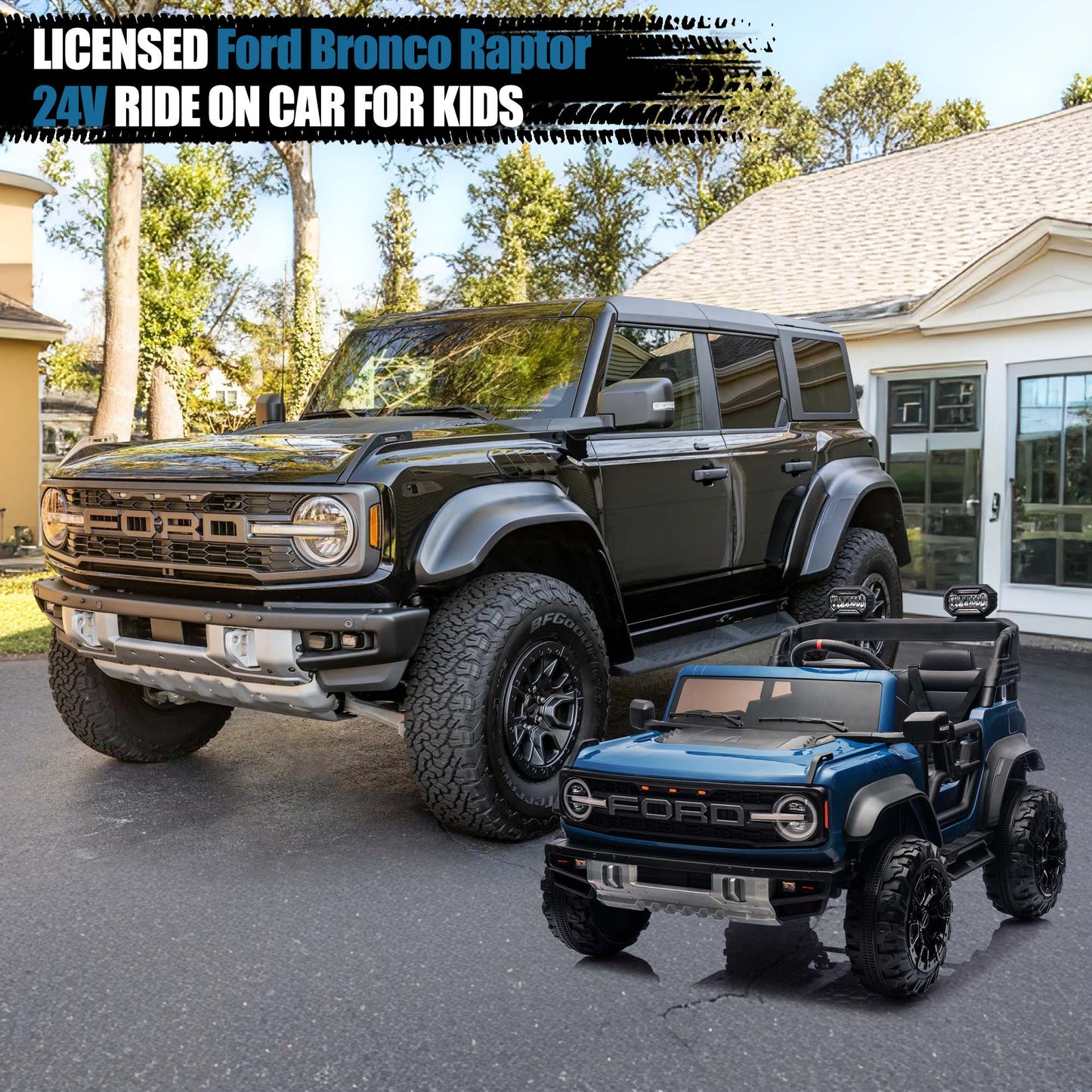 Ford Bronco Raptor 24V Ride on Toys, 2 Seater Ride on Cars with Remote Control, Bluetooth Music, Spring Suspension, Battery Powered Electric Car for Kids Ages 3-8, Blue