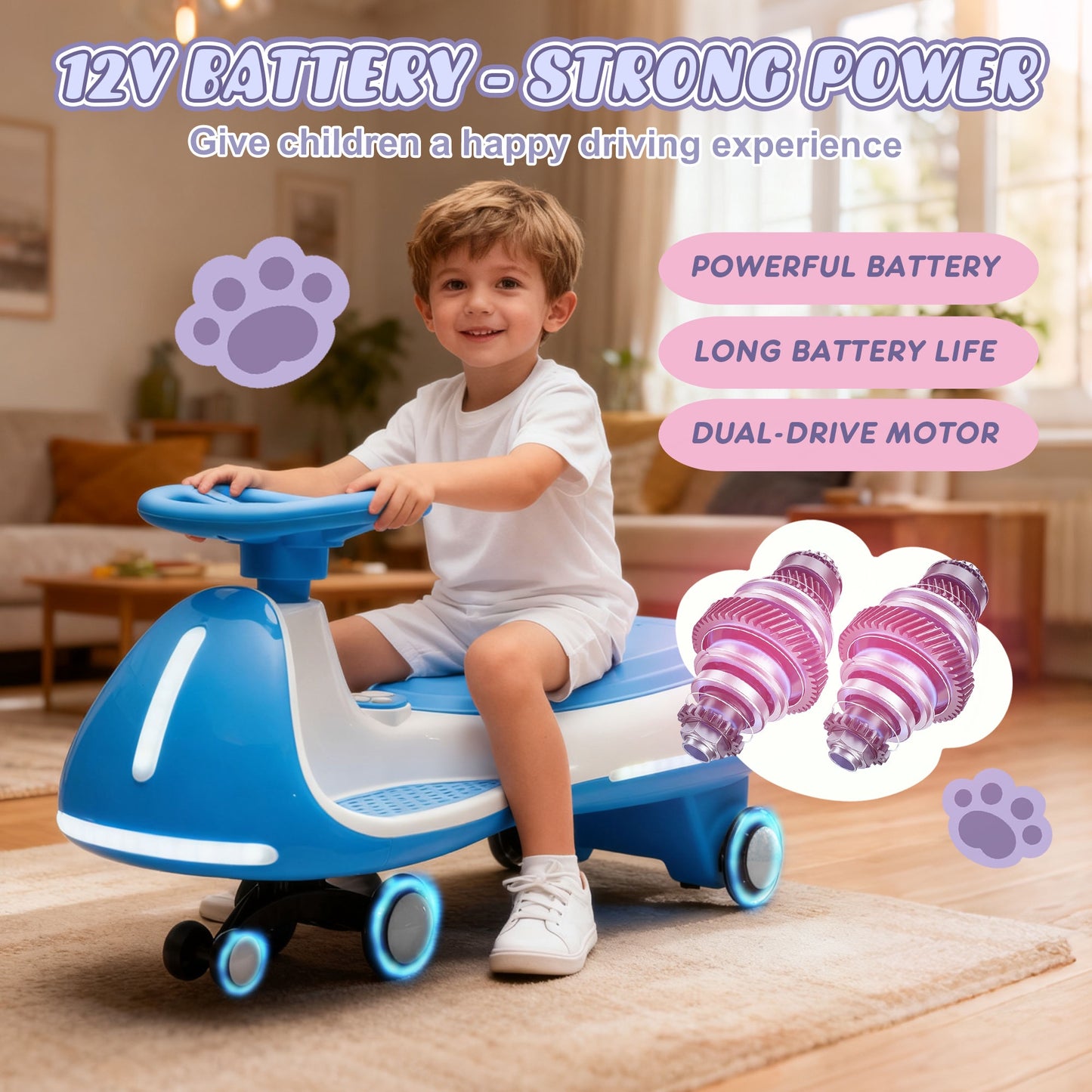 12V Electric Wiggle Car, Powered Ride on Toys for Kids with Flashing PU Wheels, Bluetooth Music, 2-in-1 Swing Car Kids Electric Vehicles for Boys Girls Ages 3+, Blue